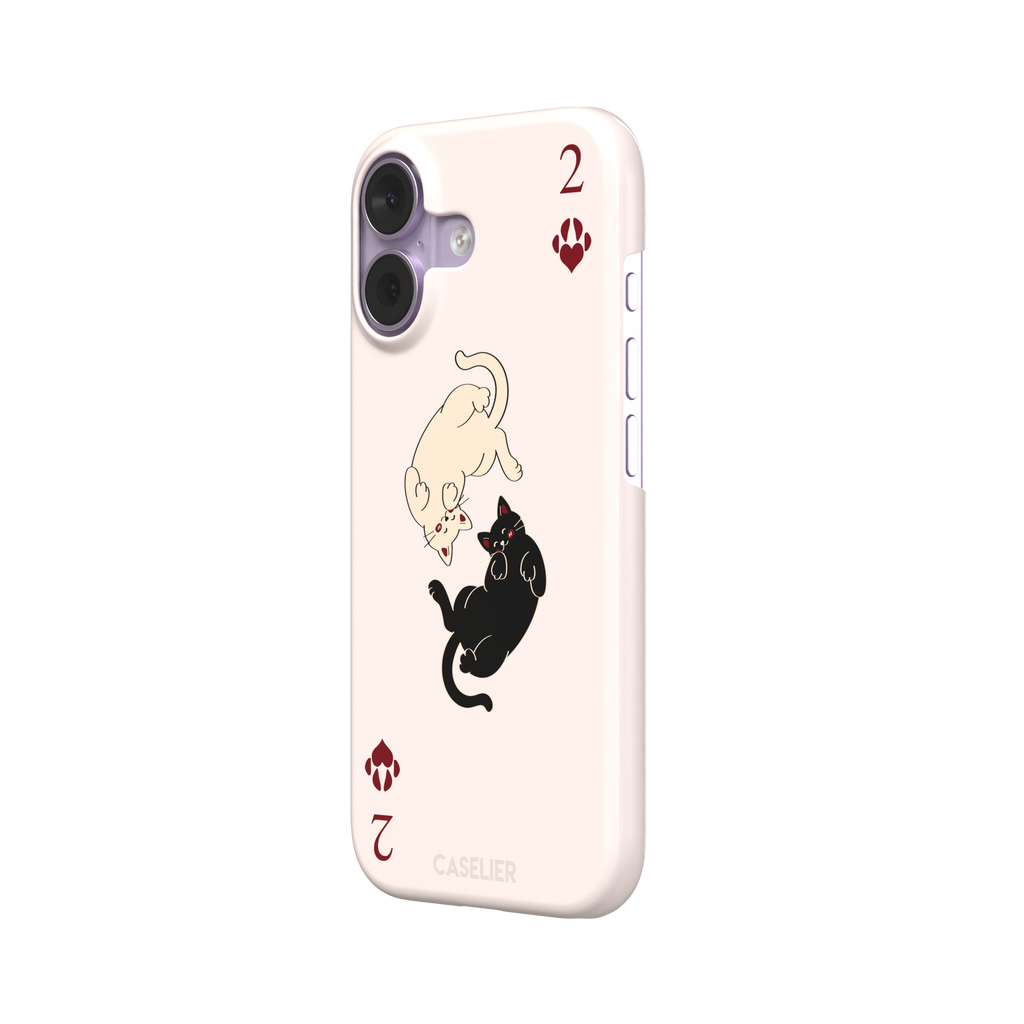 Two of Hearts phone case in blush pink with a cream and black cat playing card design and crimson paw suit symbols, phone case by Caselier — snap case, right view