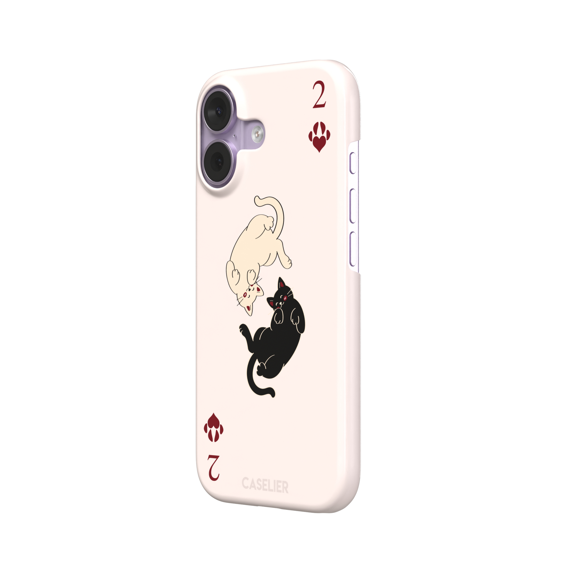 Two of Hearts phone case in blush pink with a cream and black cat playing card design and crimson paw suit symbols, phone case by Caselier — snap case, right view