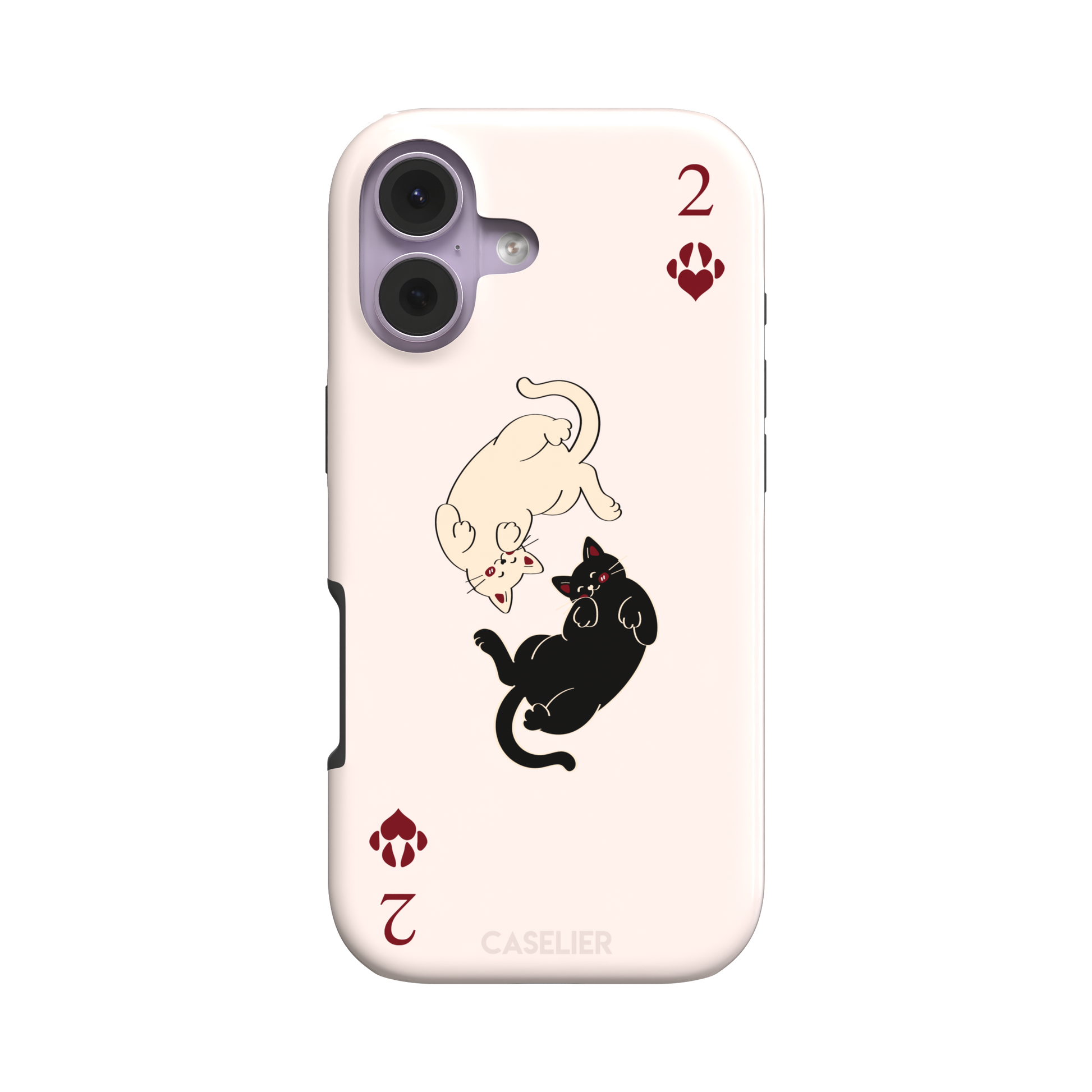 Two of Hearts phone case in blush pink with a cream and black cat playing card design and crimson paw suit symbols, phone case by Caselier — tough case, front view