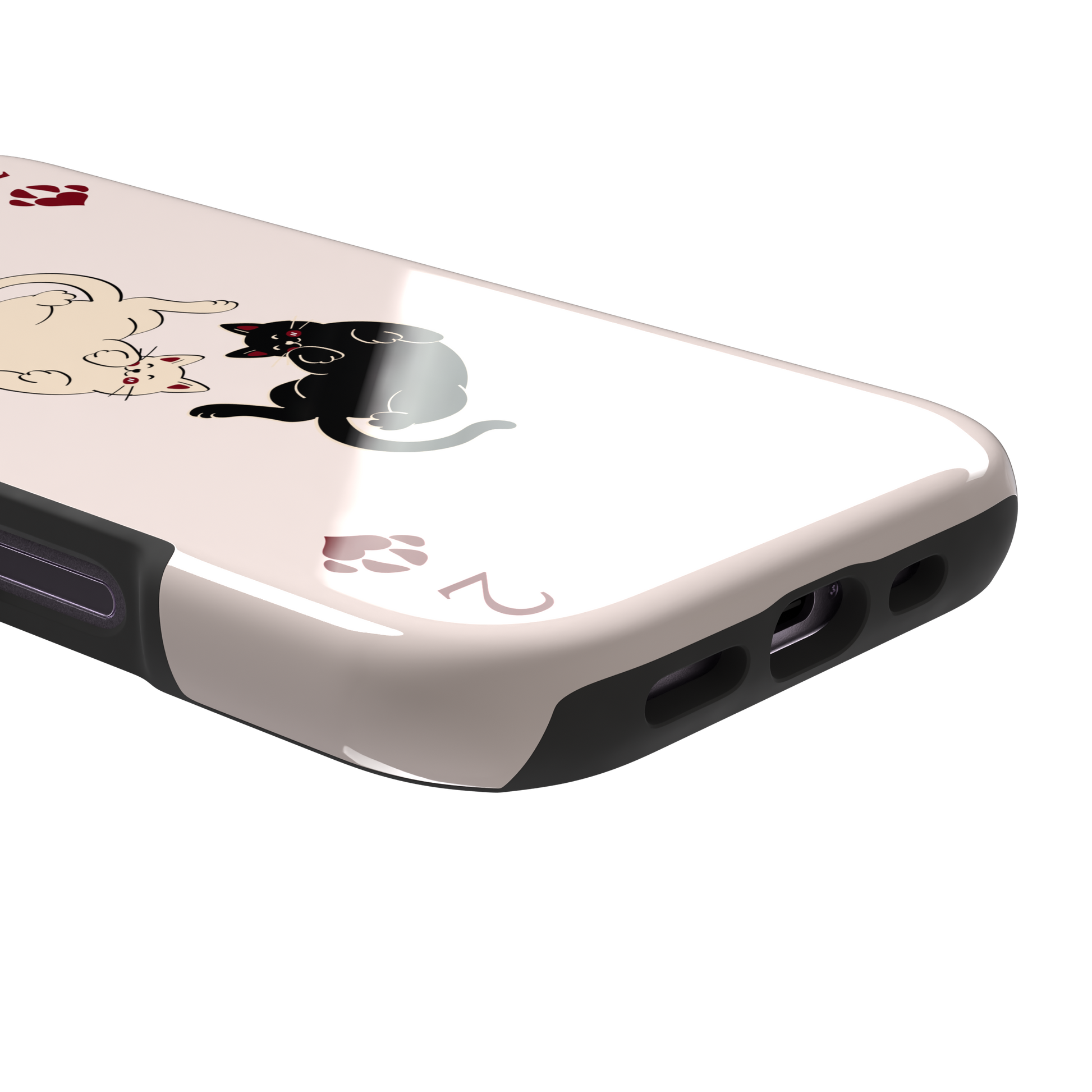 Two of Hearts phone case in blush pink with a cream and black cat playing card design and crimson paw suit symbols, phone case by Caselier — tough case, charging port detail