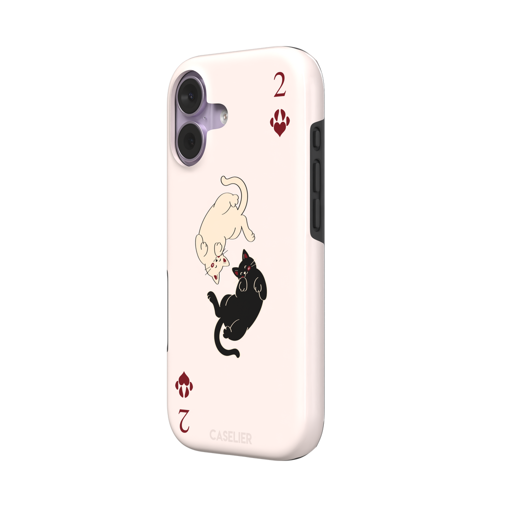 Two of Hearts phone case in blush pink with a cream and black cat playing card design and crimson paw suit symbols, phone case by Caselier — tough case, right view