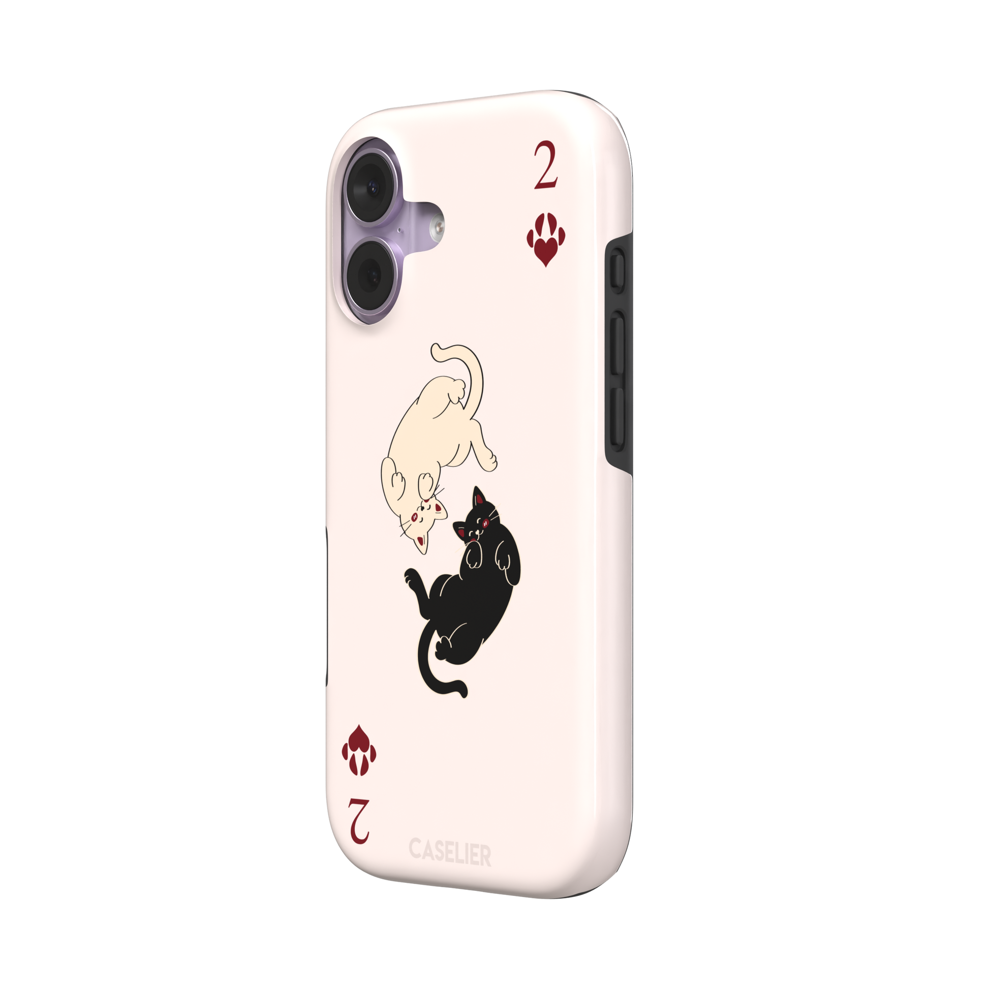 Two of Hearts phone case in blush pink with a cream and black cat playing card design and crimson paw suit symbols, phone case by Caselier — tough case, right view