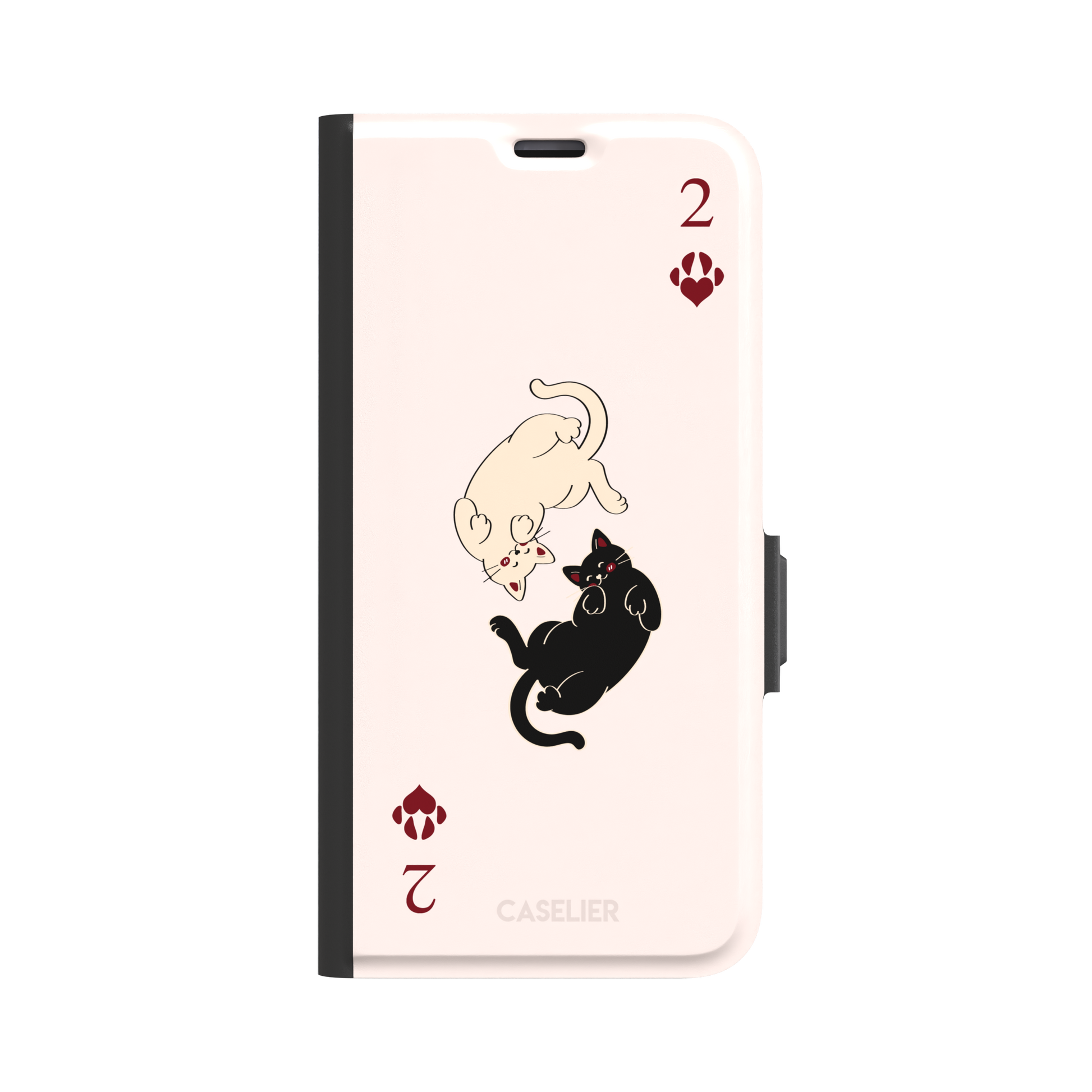 Two of Hearts phone case in blush pink with a cream and black cat playing card design and crimson paw suit symbols, phone case by Caselier — wallet case, front view