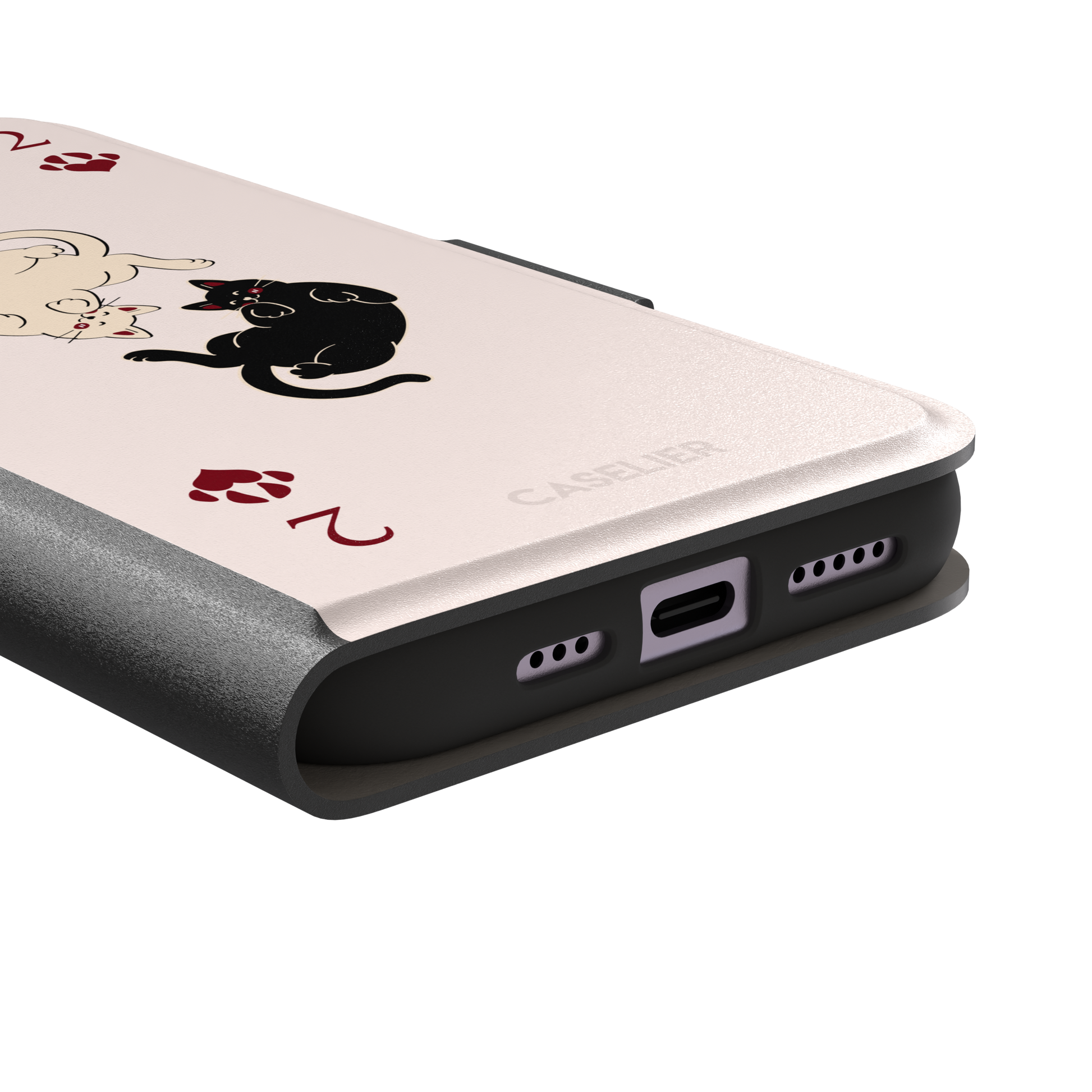 Two of Hearts phone case in blush pink with a cream and black cat playing card design and crimson paw suit symbols, phone case by Caselier — wallet case, charging port detail