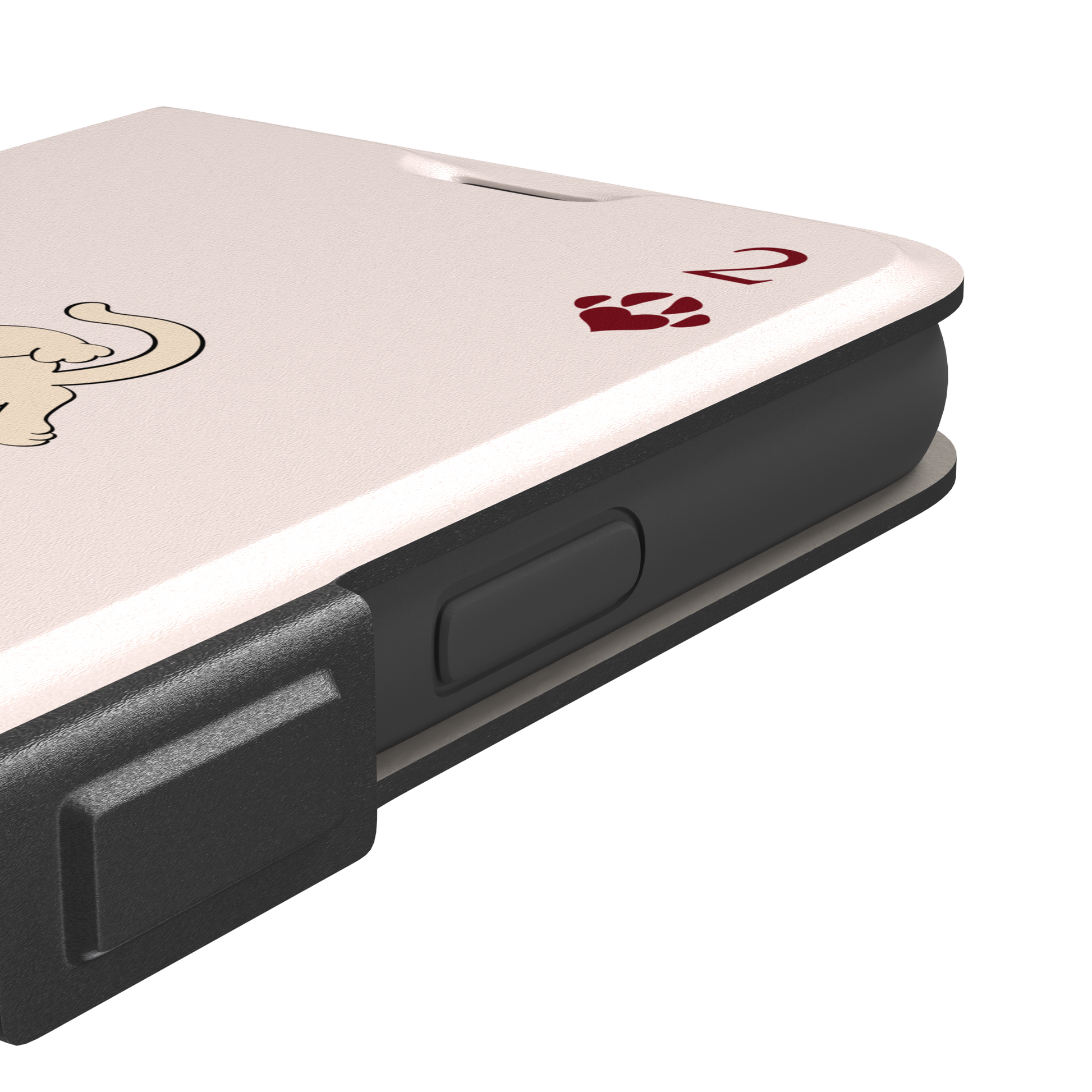 Two of Hearts phone case in blush pink with a cream and black cat playing card design and crimson paw suit symbols, phone case by Caselier — wallet case, volume buttons detail