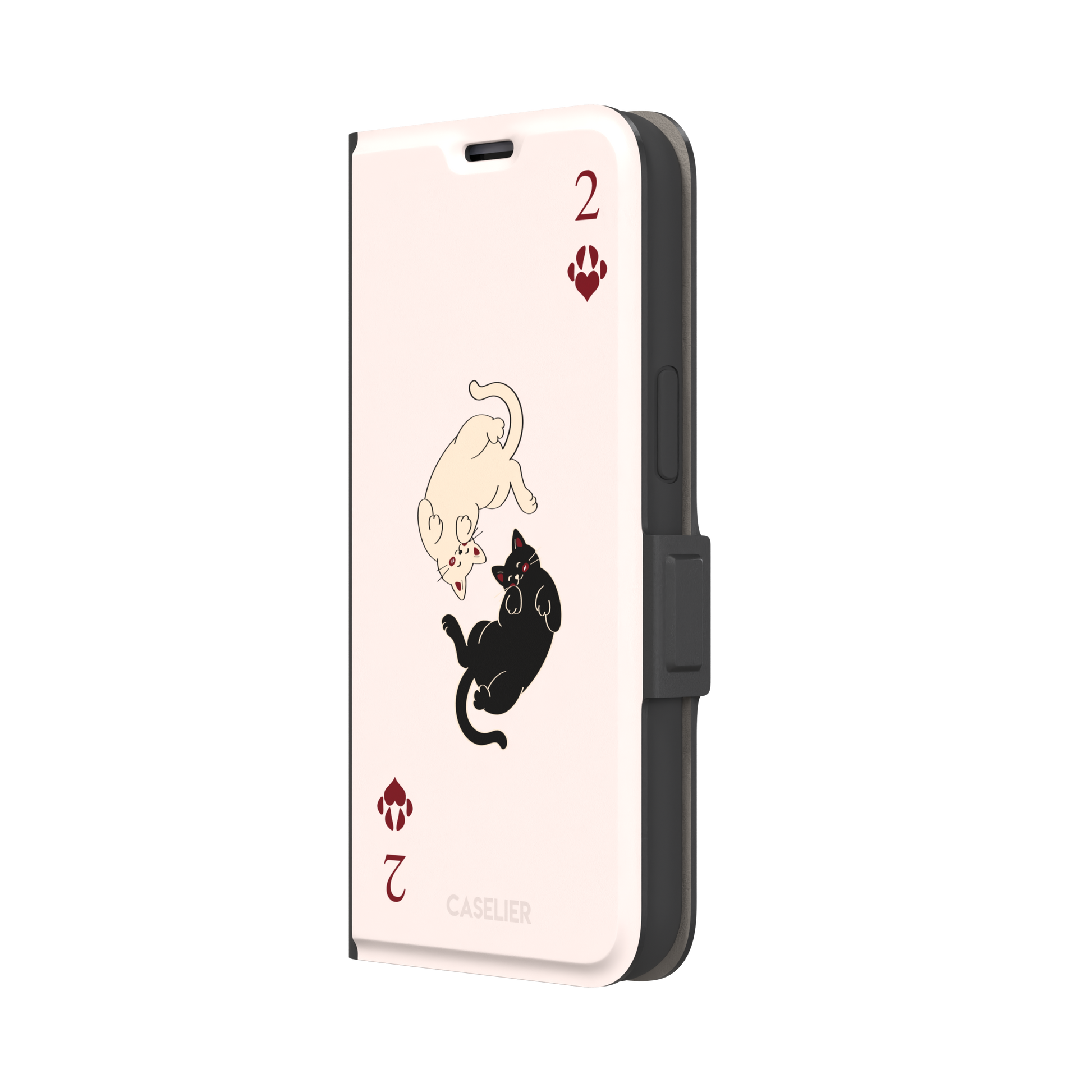 Two of Hearts phone case in blush pink with a cream and black cat playing card design and crimson paw suit symbols, phone case by Caselier — wallet case, right view