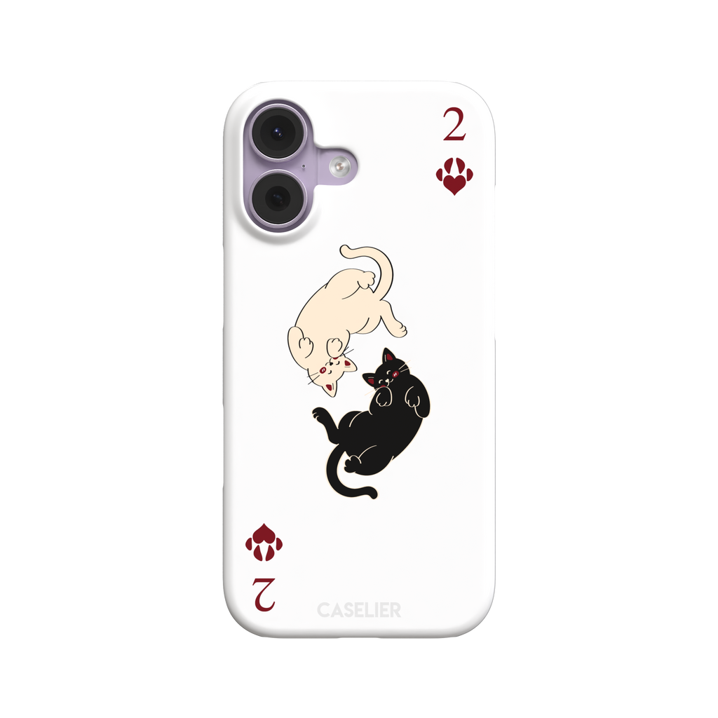 Two of Hearts phone case in white with a cream and black cat playing card design and crimson paw suit symbols, phone case by Caselier — snap case, front view
