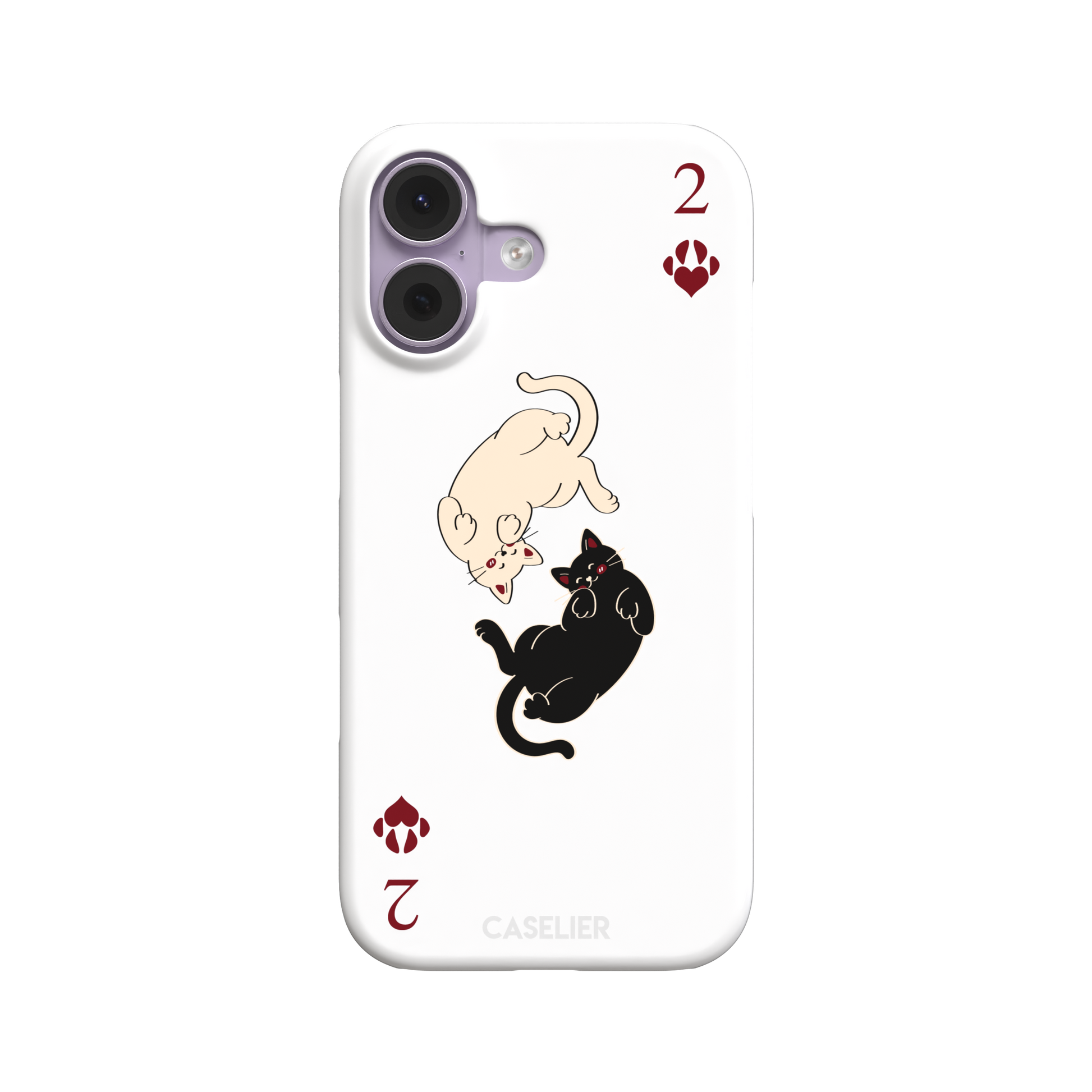 Two of Hearts phone case in white with a cream and black cat playing card design and crimson paw suit symbols, phone case by Caselier — snap case, front view