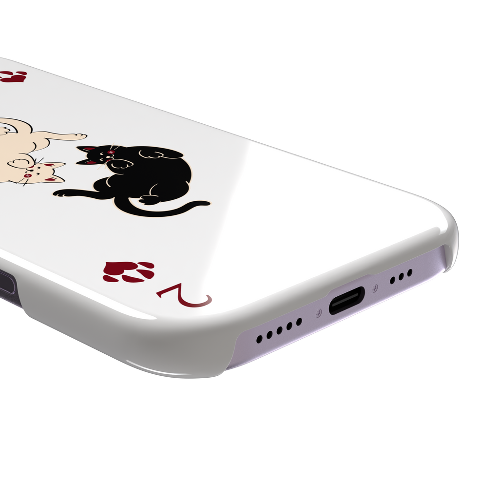 Two of Hearts phone case in white with a cream and black cat playing card design and crimson paw suit symbols, phone case by Caselier — snap case, charging port detail