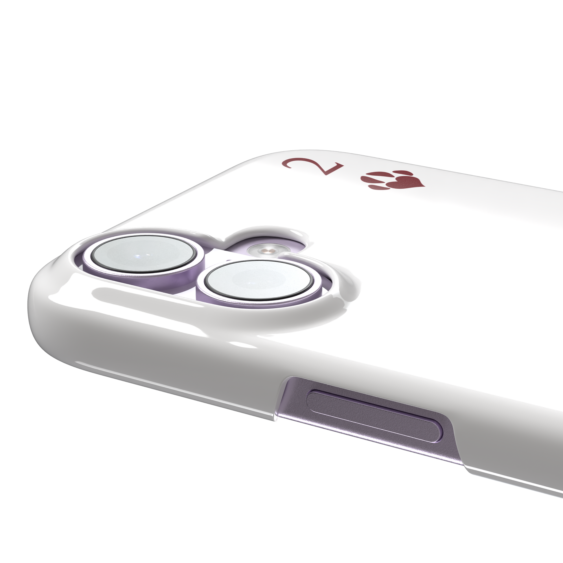 Two of Hearts phone case in white with a cream and black cat playing card design and crimson paw suit symbols, phone case by Caselier — snap case, volume buttons detail