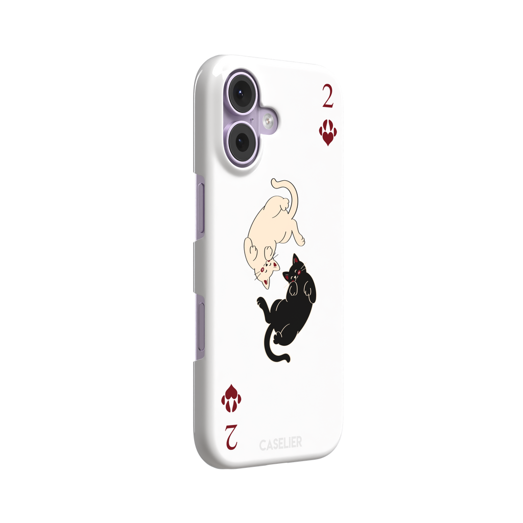 Two of Hearts phone case in white with a cream and black cat playing card design and crimson paw suit symbols, phone case by Caselier — snap case, left view