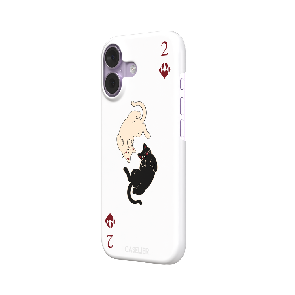 Two of Hearts phone case in white with a cream and black cat playing card design and crimson paw suit symbols, phone case by Caselier — snap case, right view