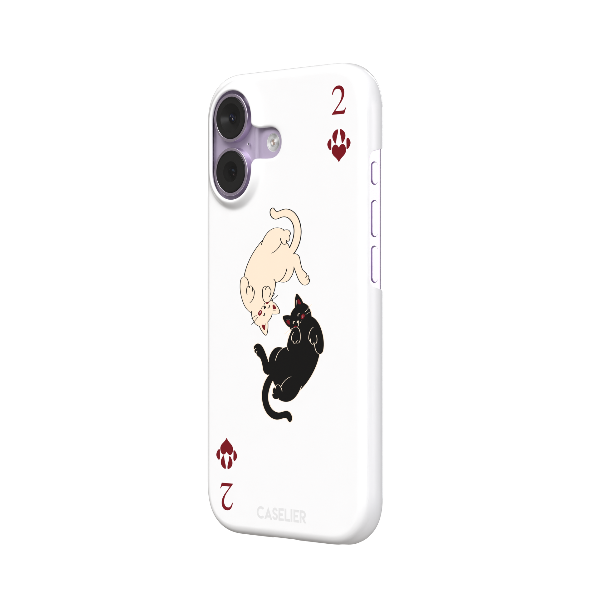 Two of Hearts phone case in white with a cream and black cat playing card design and crimson paw suit symbols, phone case by Caselier — snap case, right view