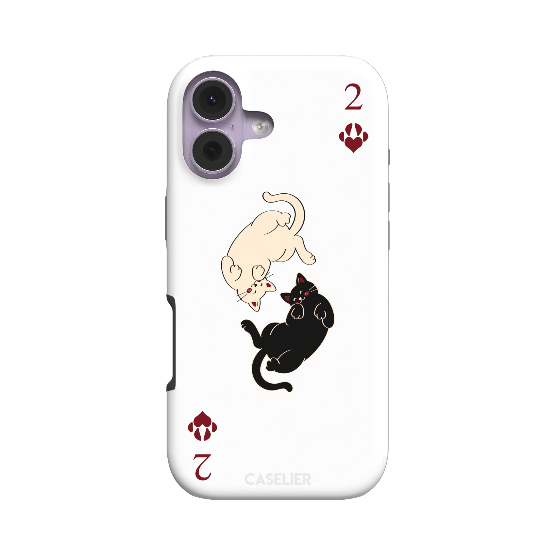 Two of Hearts phone case in white with a cream and black cat playing card design and crimson paw suit symbols, phone case by Caselier — tough case, front view