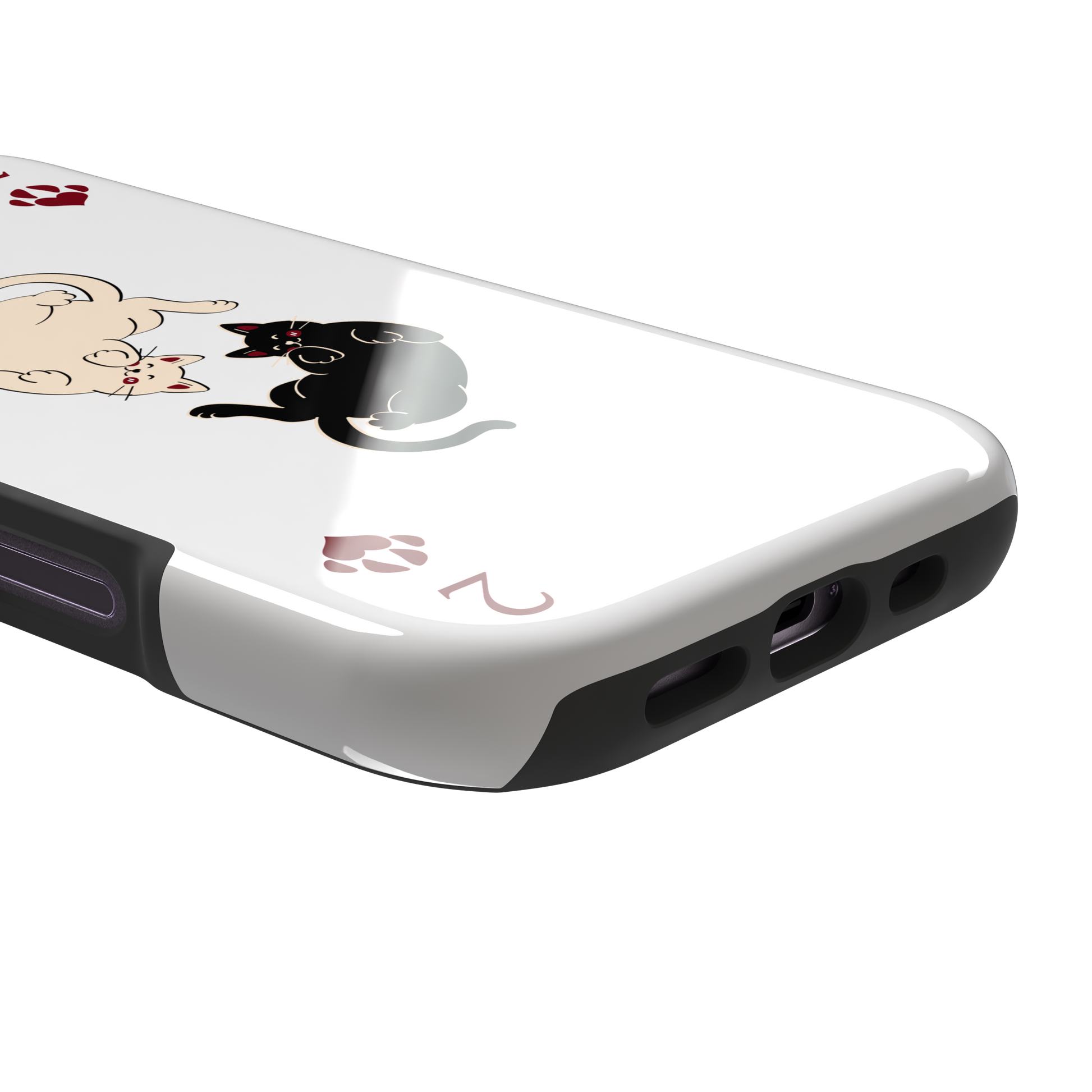Two of Hearts phone case in white with a cream and black cat playing card design and crimson paw suit symbols, phone case by Caselier — tough case, charging port detail