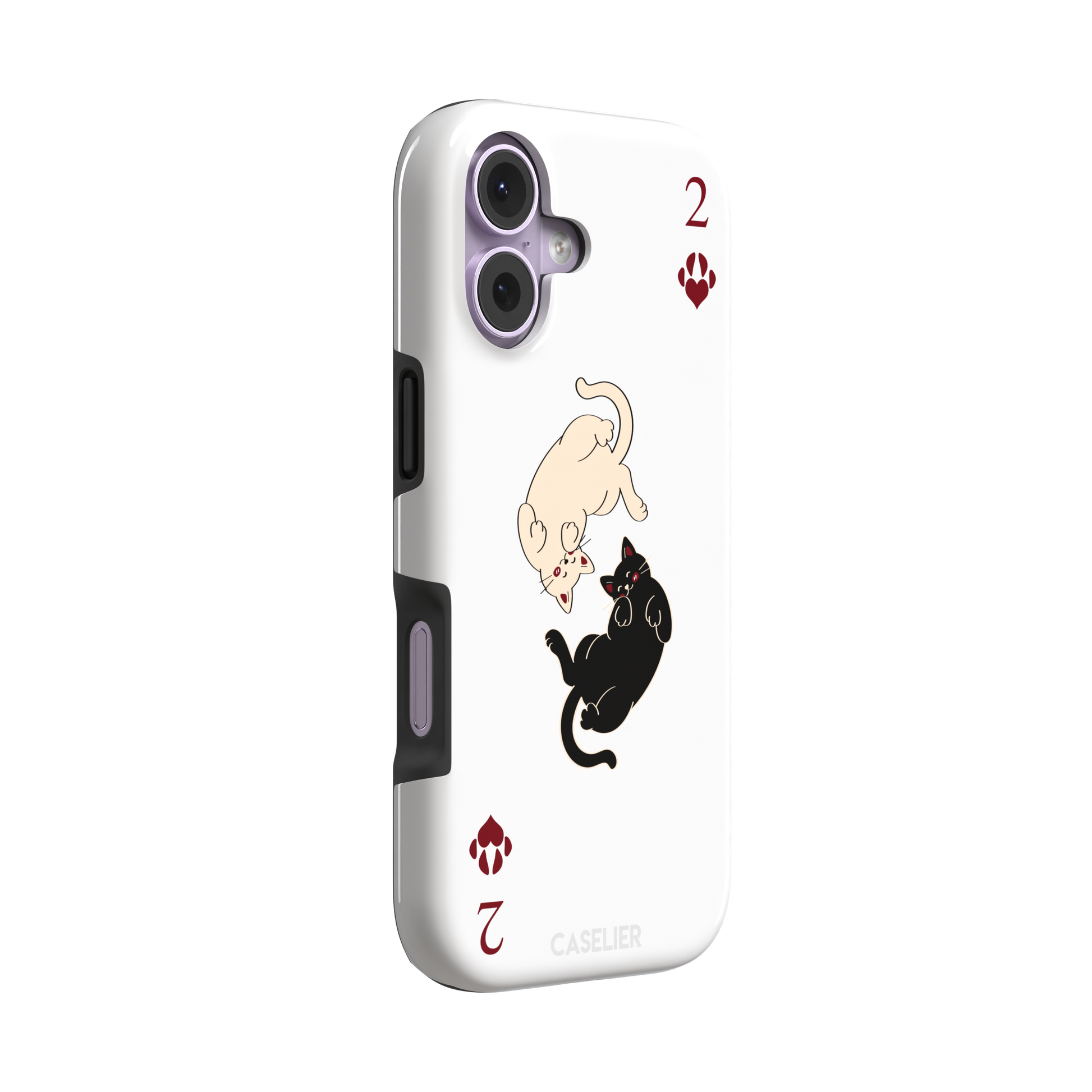 Two of Hearts phone case in white with a cream and black cat playing card design and crimson paw suit symbols, phone case by Caselier — tough case, left view