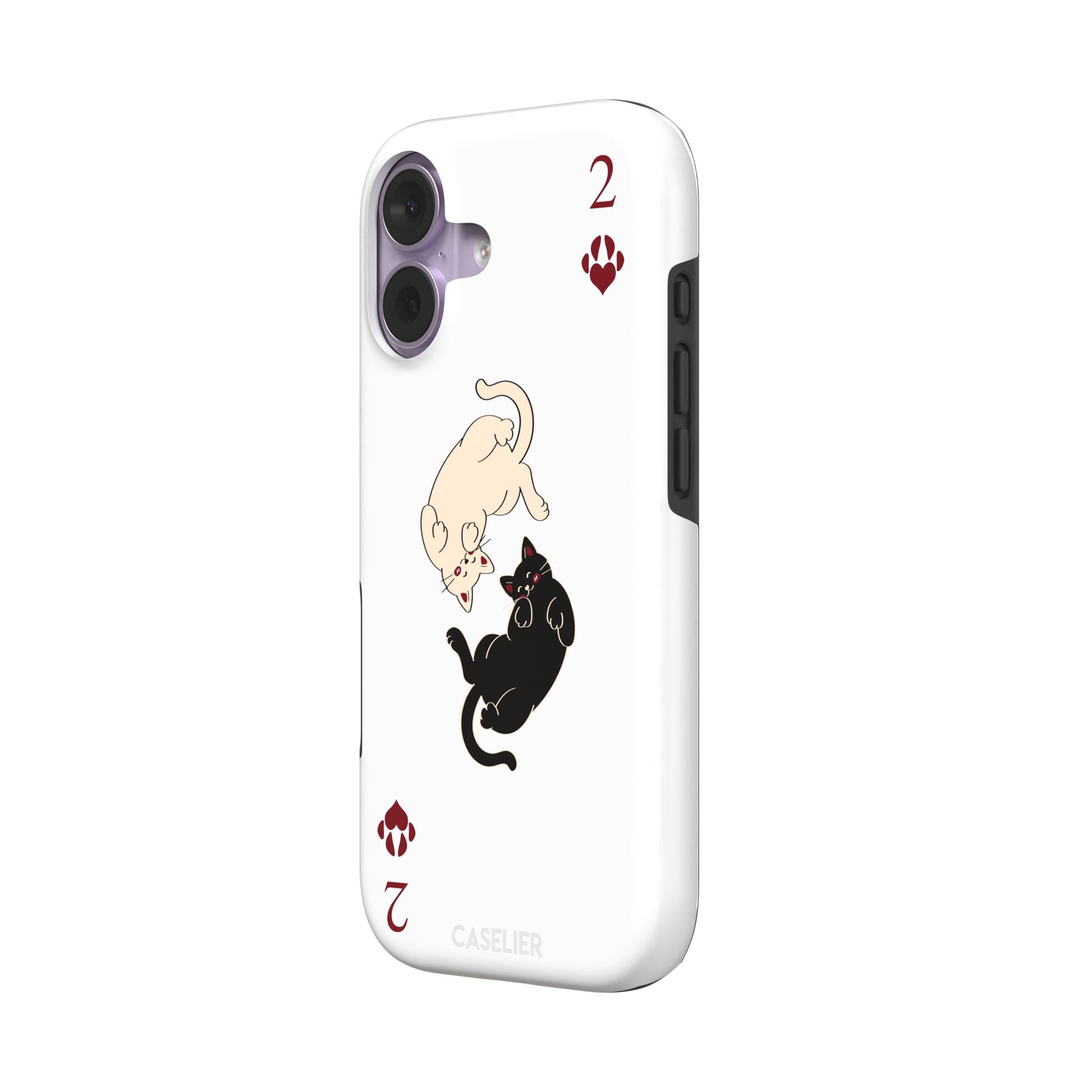Two of Hearts phone case in white with a cream and black cat playing card design and crimson paw suit symbols, phone case by Caselier — tough case, right view