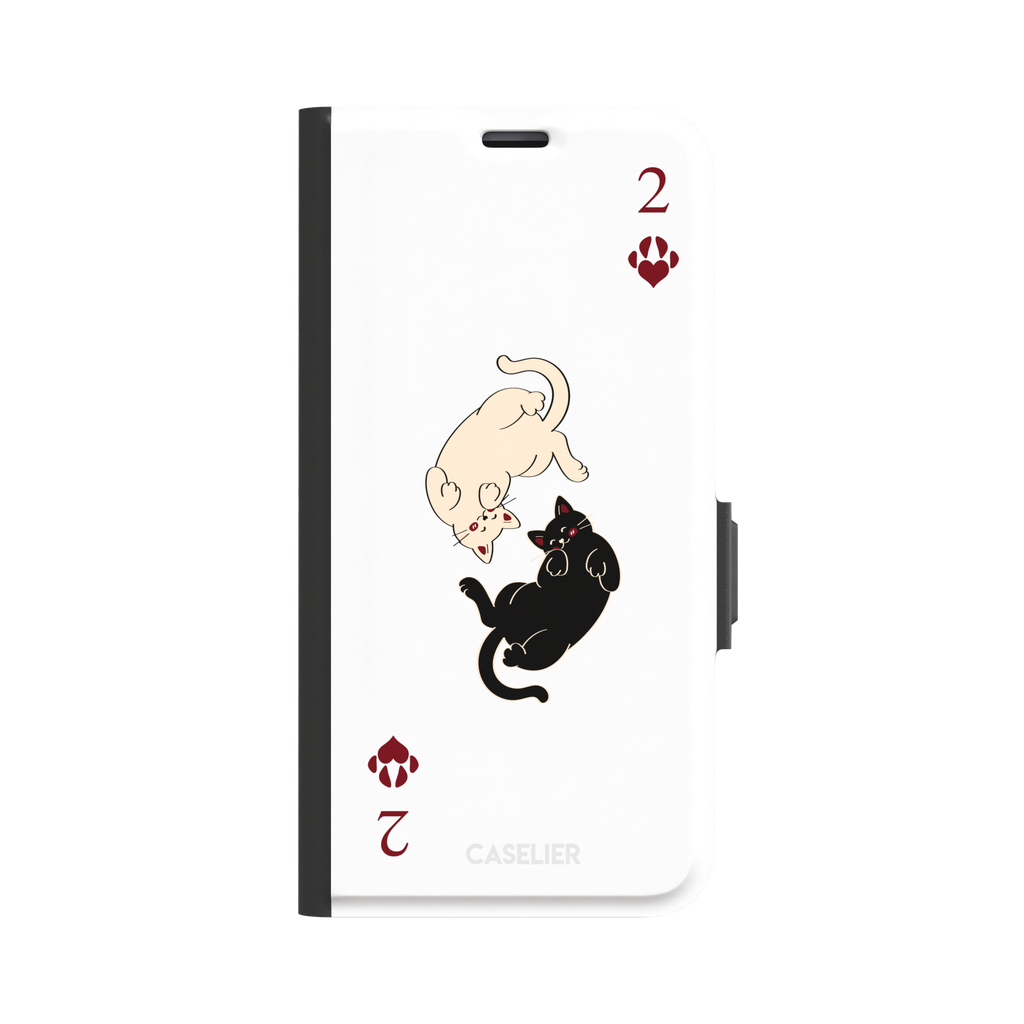 Two of Hearts phone case in white with a cream and black cat playing card design and crimson paw suit symbols, phone case by Caselier — wallet case, front view