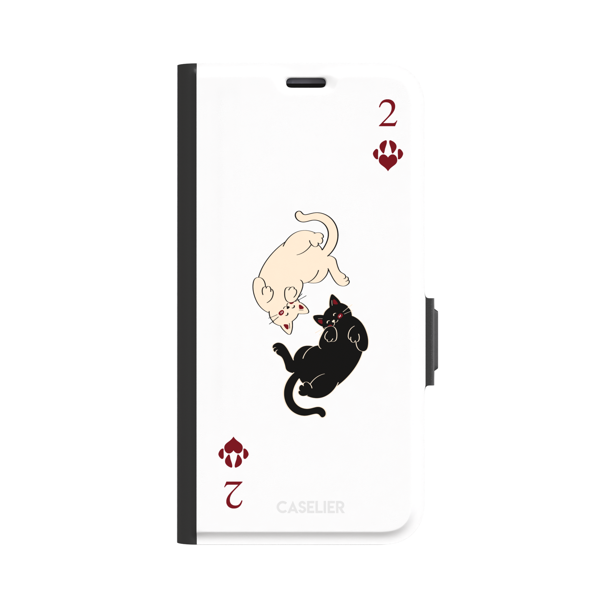 Two of Hearts phone case in white with a cream and black cat playing card design and crimson paw suit symbols, phone case by Caselier — wallet case, front view