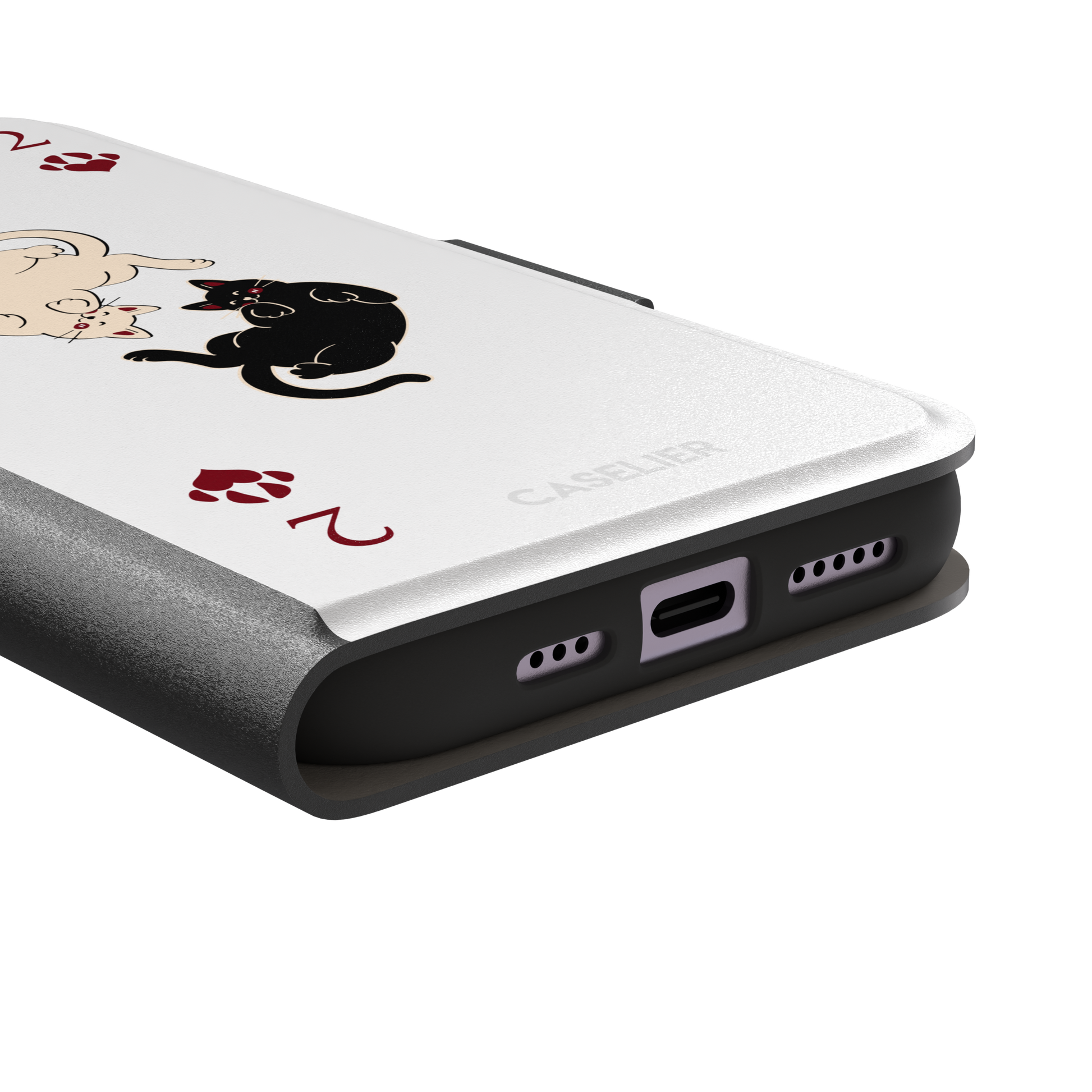 Two of Hearts phone case in white with a cream and black cat playing card design and crimson paw suit symbols, phone case by Caselier — wallet case, charging port detail