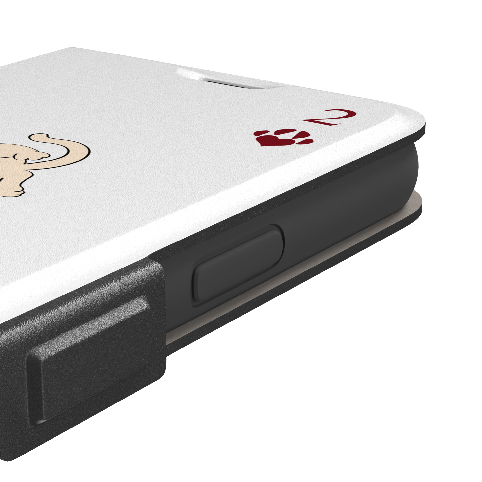 Two of Hearts phone case in white with a cream and black cat playing card design and crimson paw suit symbols, phone case by Caselier — wallet case, volume buttons detail