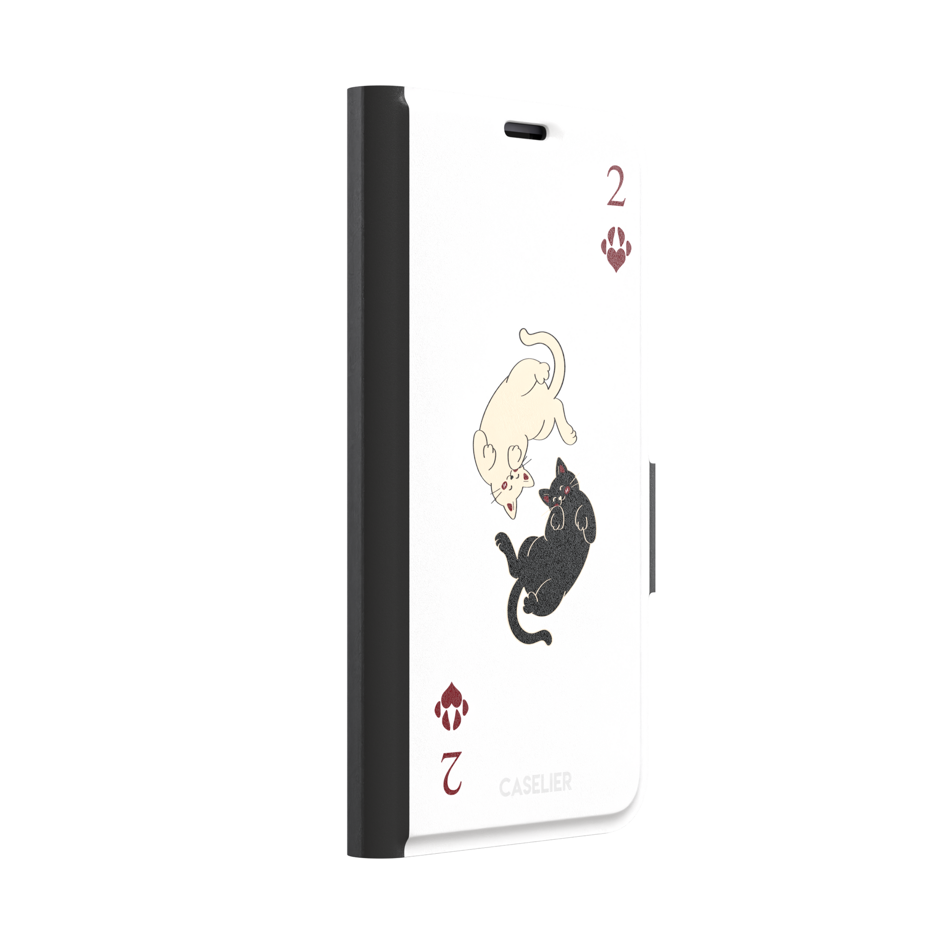 Two of Hearts phone case in white with a cream and black cat playing card design and crimson paw suit symbols, phone case by Caselier — wallet case, left view