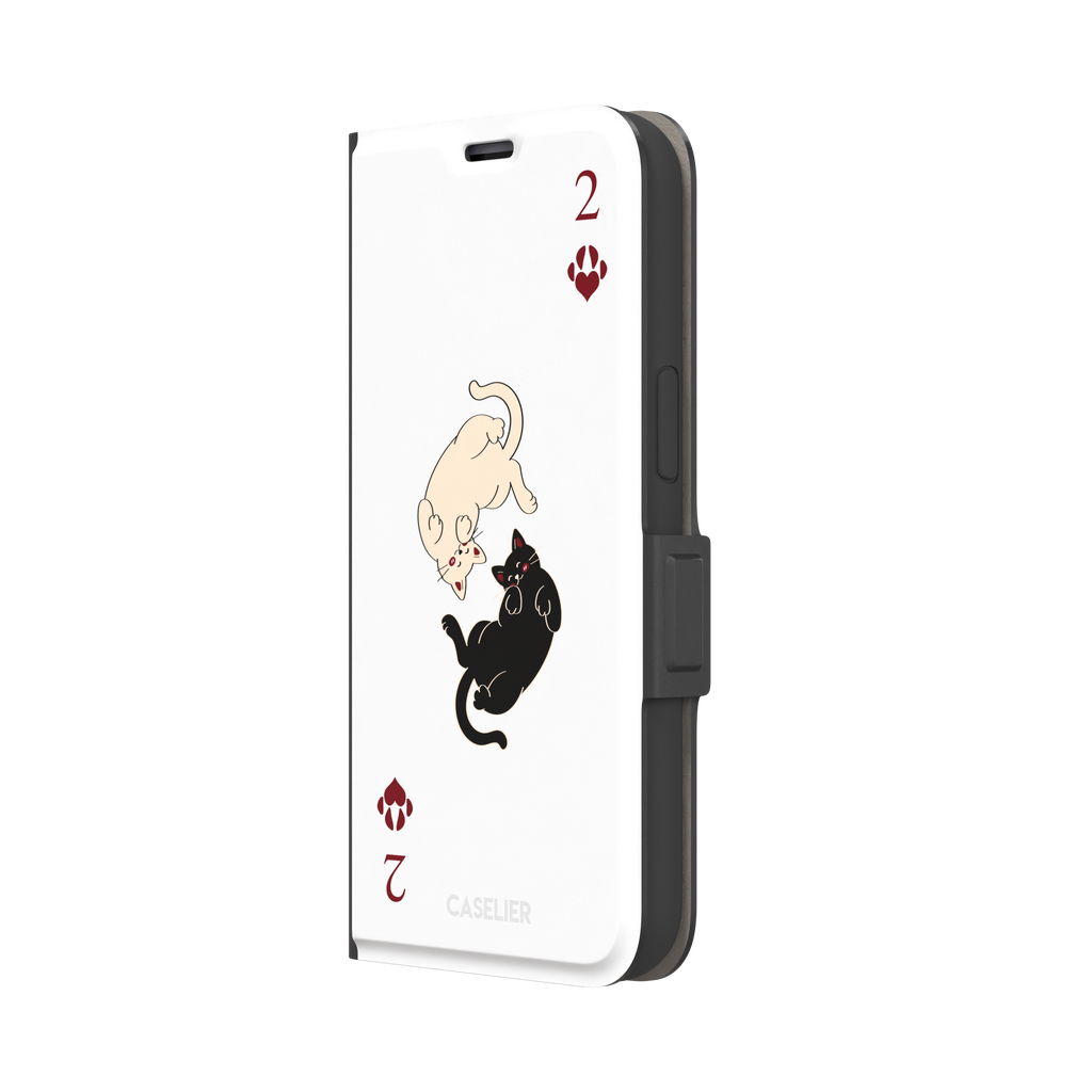 Two of Hearts phone case in white with a cream and black cat playing card design and crimson paw suit symbols, phone case by Caselier — wallet case, right view