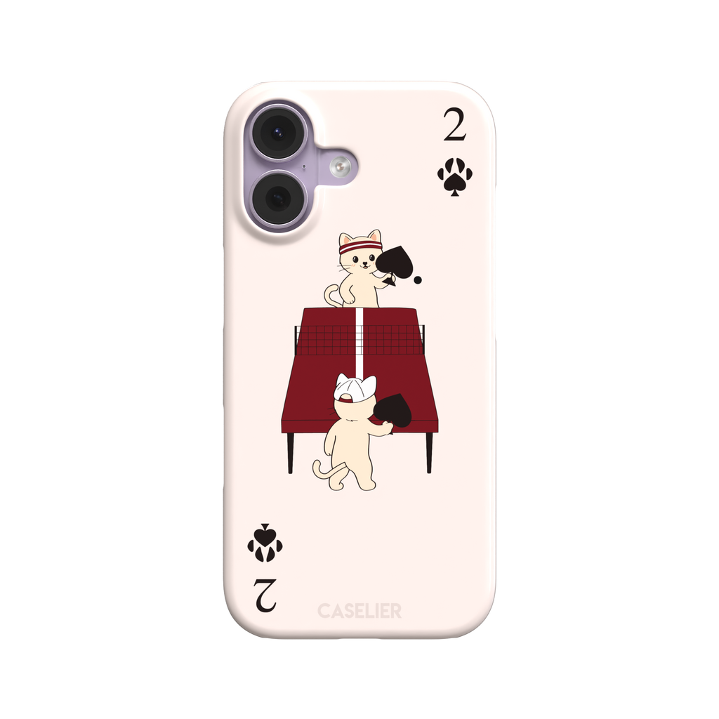 Two of Spades phone case in blush pink from the Paw Decks collection, showing two cartoon cats playing ping pong with spade paddles across a red table, with paw print card markings, phone case by Caselier — snap case, front view