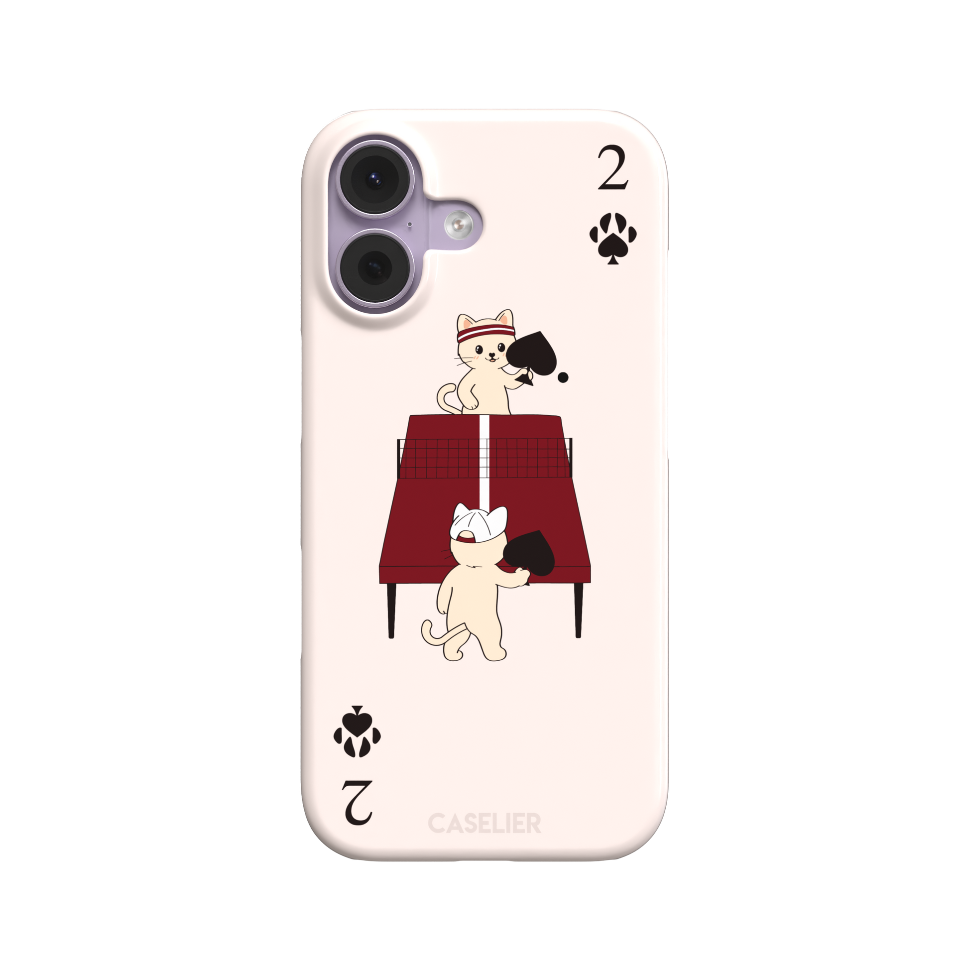Two of Spades phone case in blush pink from the Paw Decks collection, showing two cartoon cats playing ping pong with spade paddles across a red table, with paw print card markings, phone case by Caselier — snap case, front view