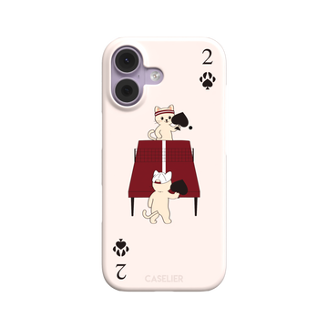 Two of Spades phone case in blush pink from the Paw Decks collection, showing two cartoon cats playing ping pong with spade paddles across a red table, with paw print card markings, phone case by Caselier — snap case, front view