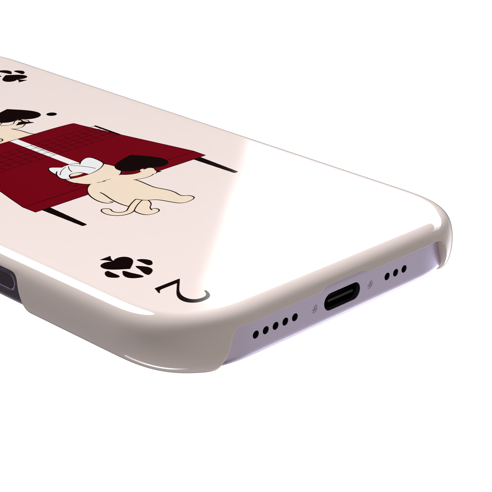 Two of Spades phone case in blush pink from the Paw Decks collection, showing two cartoon cats playing ping pong with spade paddles across a red table, with paw print card markings, phone case by Caselier — snap case, charging port detail