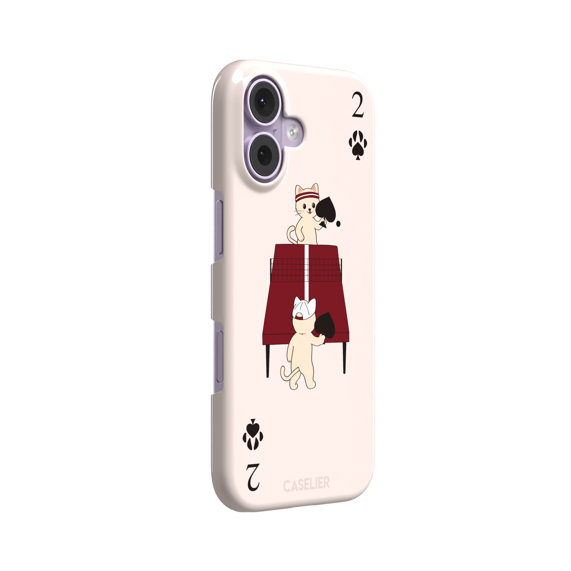 Two of Spades phone case in blush pink from the Paw Decks collection, showing two cartoon cats playing ping pong with spade paddles across a red table, with paw print card markings, phone case by Caselier — snap case, left view