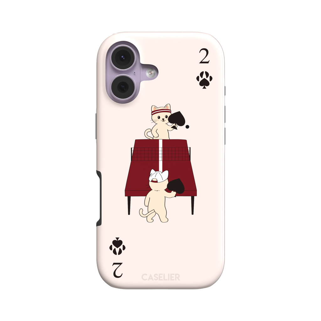 Two of Spades phone case in blush pink from the Paw Decks collection, showing two cartoon cats playing ping pong with spade paddles across a red table, with paw print card markings, phone case by Caselier — tough case, front view