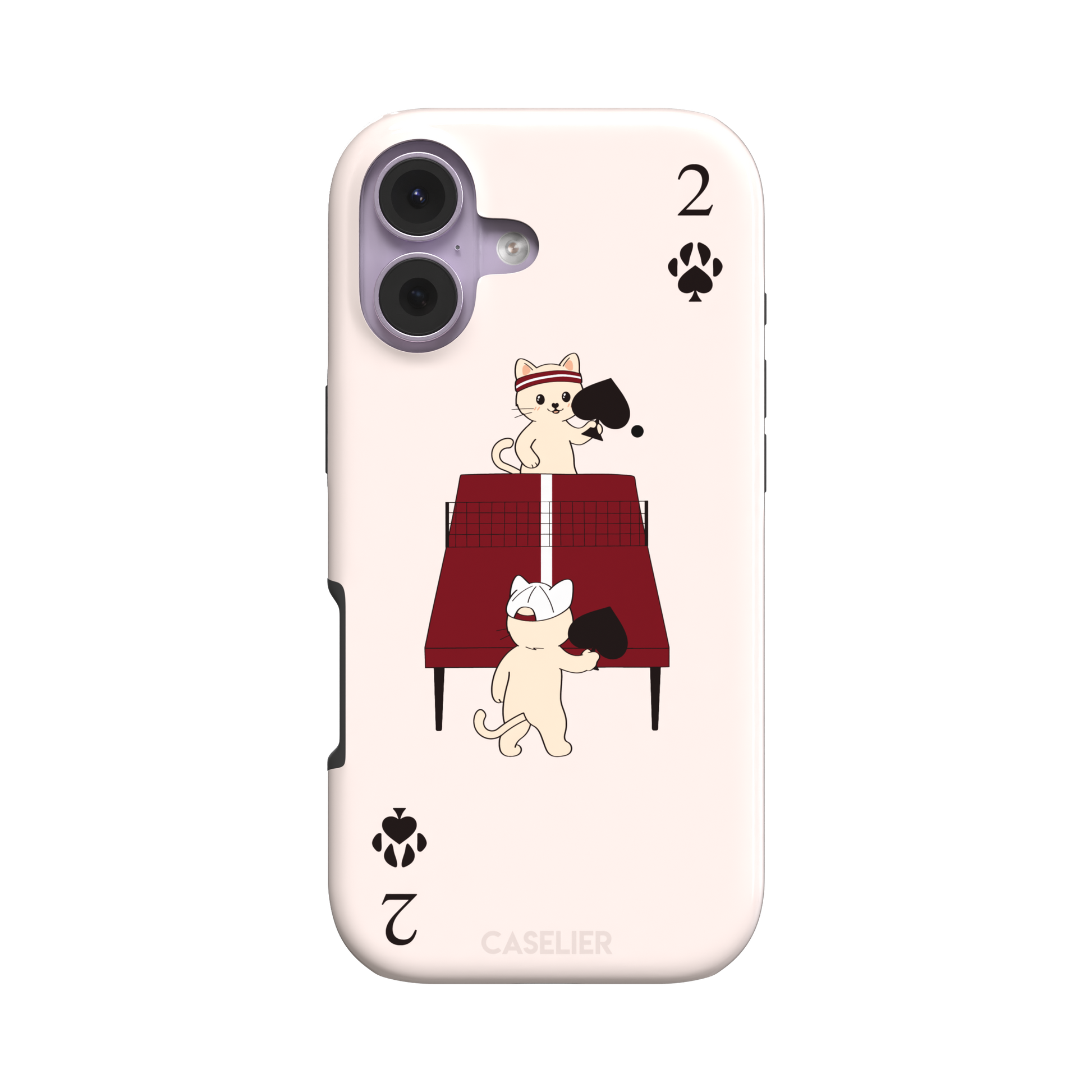Two of Spades phone case in blush pink from the Paw Decks collection, showing two cartoon cats playing ping pong with spade paddles across a red table, with paw print card markings, phone case by Caselier — tough case, front view