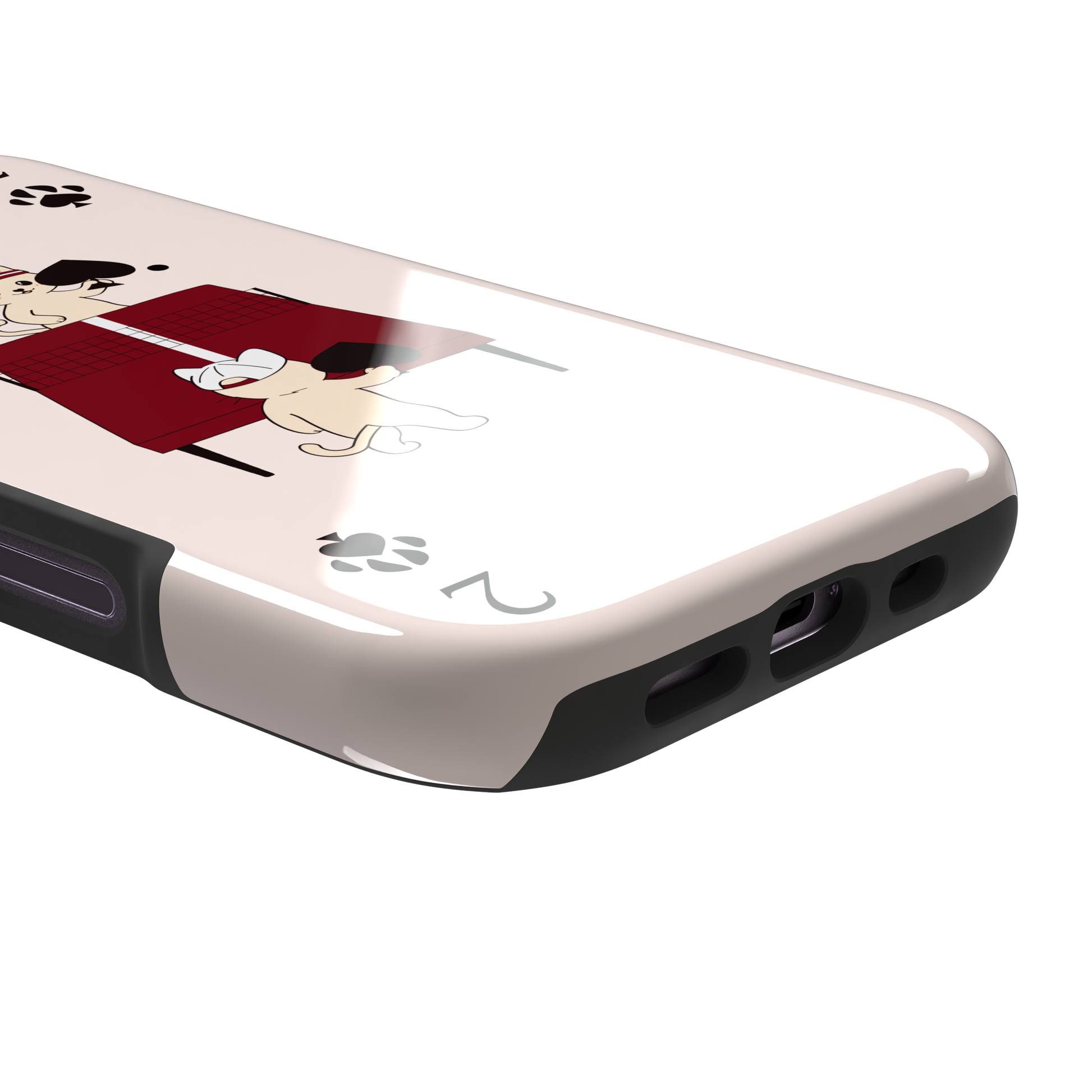 Two of Spades phone case in blush pink from the Paw Decks collection, showing two cartoon cats playing ping pong with spade paddles across a red table, with paw print card markings, phone case by Caselier — tough case, charging port detail