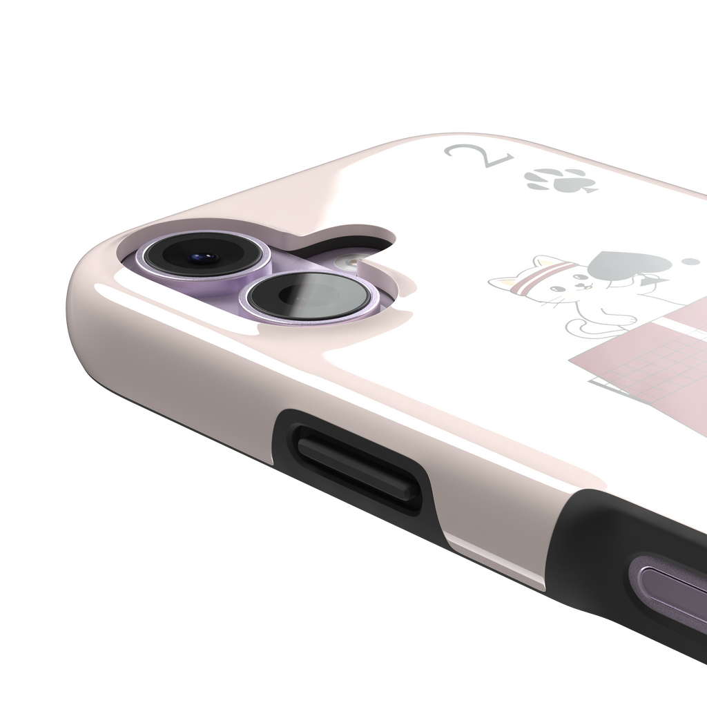 Two of Spades phone case in blush pink from the Paw Decks collection, showing two cartoon cats playing ping pong with spade paddles across a red table, with paw print card markings, phone case by Caselier — tough case, volume buttons detail
