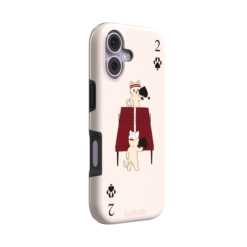 Two of Spades phone case in blush pink from the Paw Decks collection, showing two cartoon cats playing ping pong with spade paddles across a red table, with paw print card markings, phone case by Caselier — tough case, left view