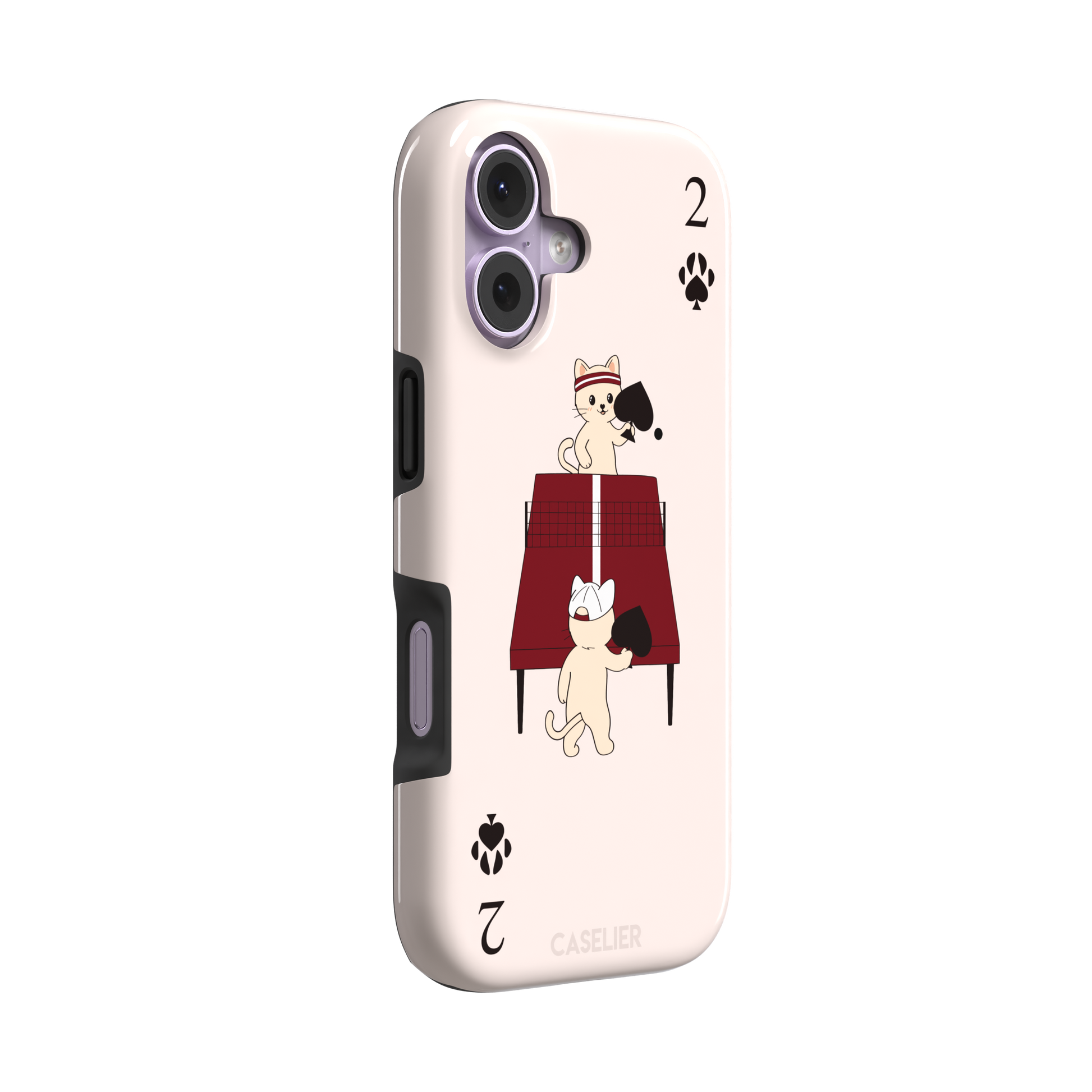 Two of Spades phone case in blush pink from the Paw Decks collection, showing two cartoon cats playing ping pong with spade paddles across a red table, with paw print card markings, phone case by Caselier — tough case, left view