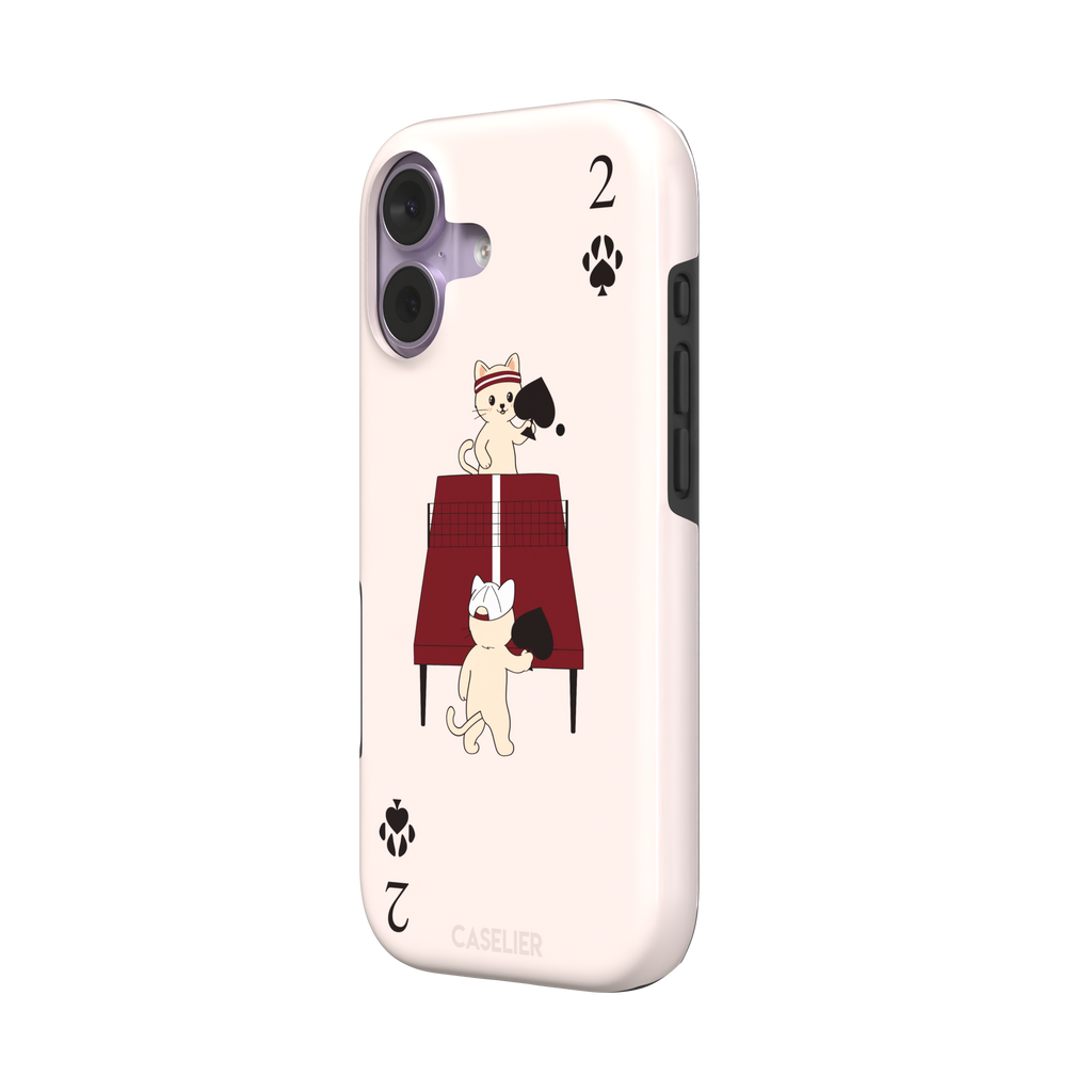 Two of Spades phone case in blush pink from the Paw Decks collection, showing two cartoon cats playing ping pong with spade paddles across a red table, with paw print card markings, phone case by Caselier — tough case, right view