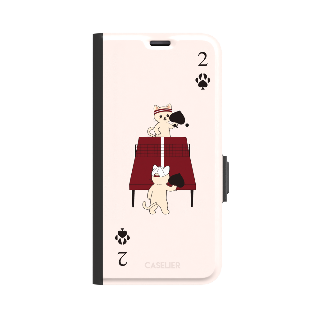 Two of Spades phone case in blush pink from the Paw Decks collection, showing two cartoon cats playing ping pong with spade paddles across a red table, with paw print card markings, phone case by Caselier — wallet case, front view