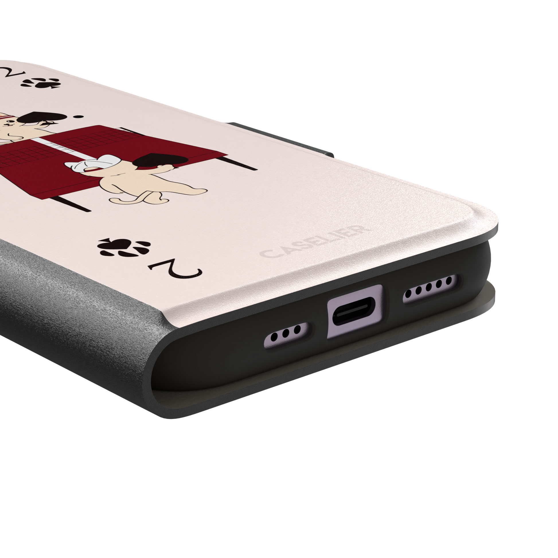 Two of Spades phone case in blush pink from the Paw Decks collection, showing two cartoon cats playing ping pong with spade paddles across a red table, with paw print card markings, phone case by Caselier — wallet case, charging port detail