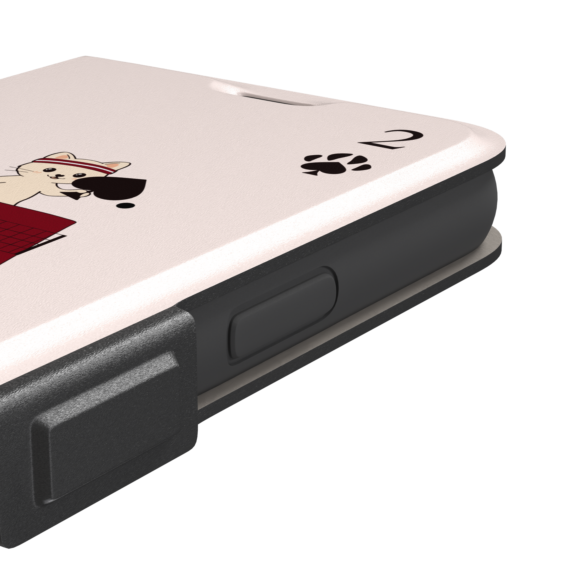 Two of Spades phone case in blush pink from the Paw Decks collection, showing two cartoon cats playing ping pong with spade paddles across a red table, with paw print card markings, phone case by Caselier — wallet case, volume buttons detail