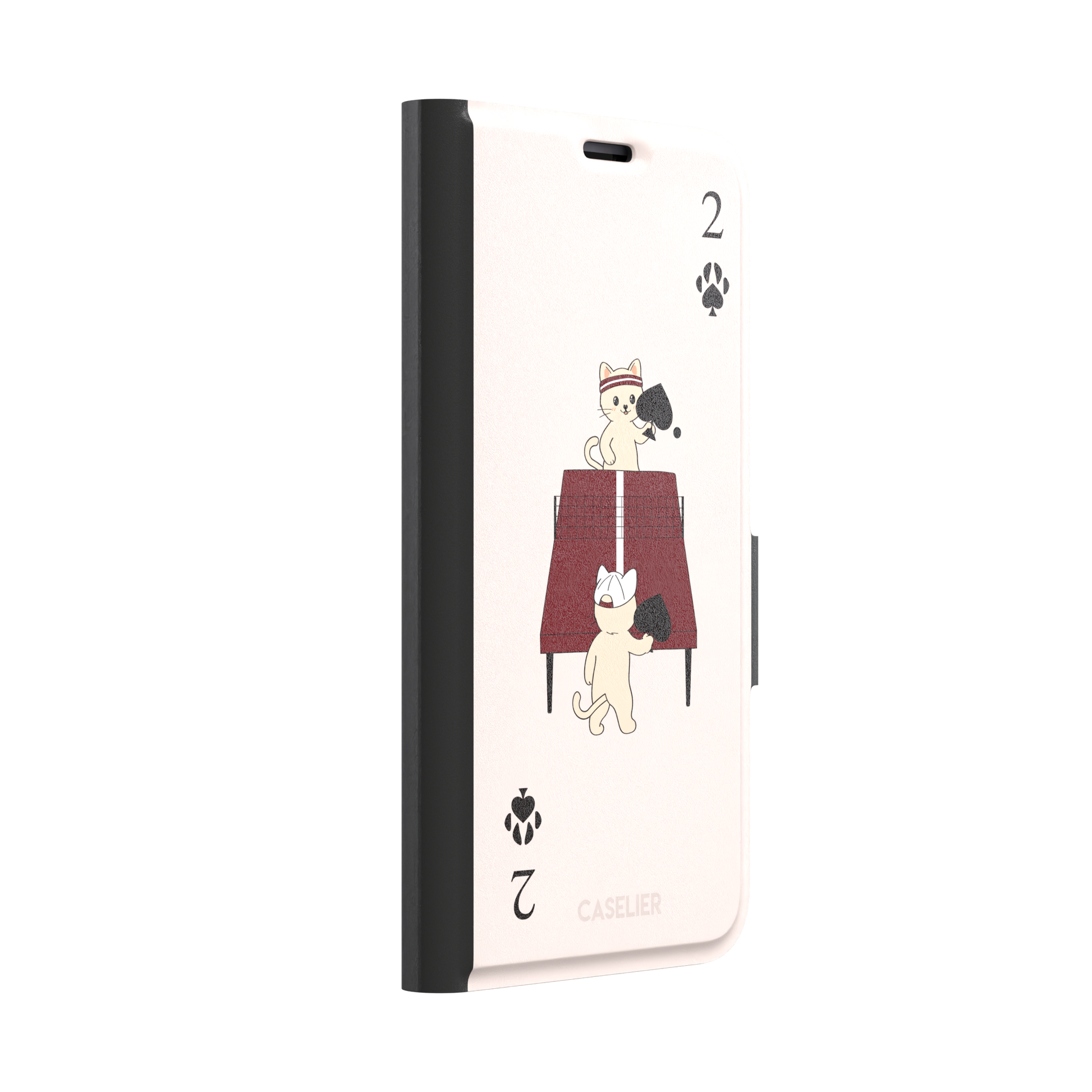 Two of Spades phone case in blush pink from the Paw Decks collection, showing two cartoon cats playing ping pong with spade paddles across a red table, with paw print card markings, phone case by Caselier — wallet case, left view