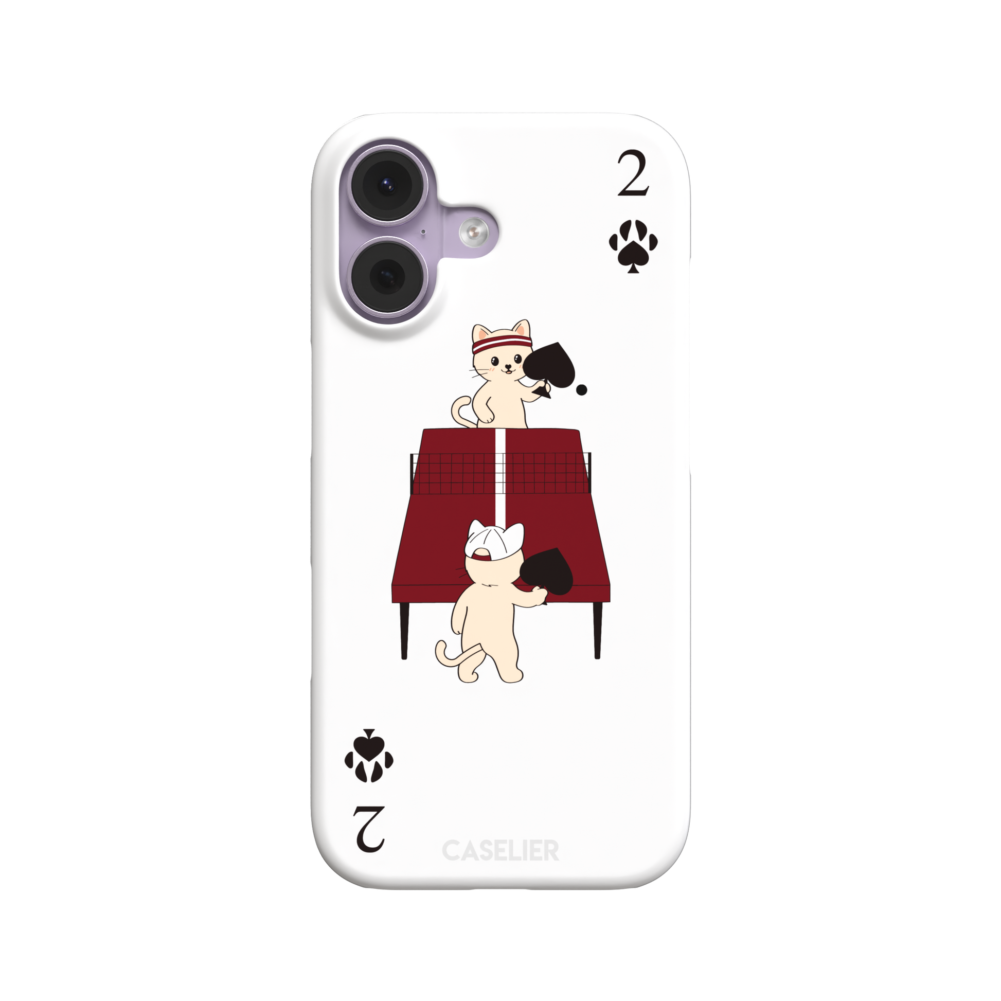 Two of Spades phone case in white from the Paw Decks collection, showing two cartoon cats playing ping pong with spade paddles across a red table, with paw print card markings, phone case by Caselier — snap case, front view