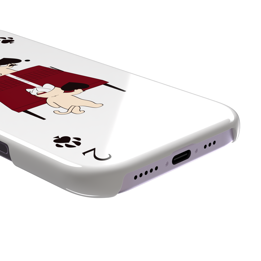Two of Spades phone case in white from the Paw Decks collection, showing two cartoon cats playing ping pong with spade paddles across a red table, with paw print card markings, phone case by Caselier — snap case, charging port detail