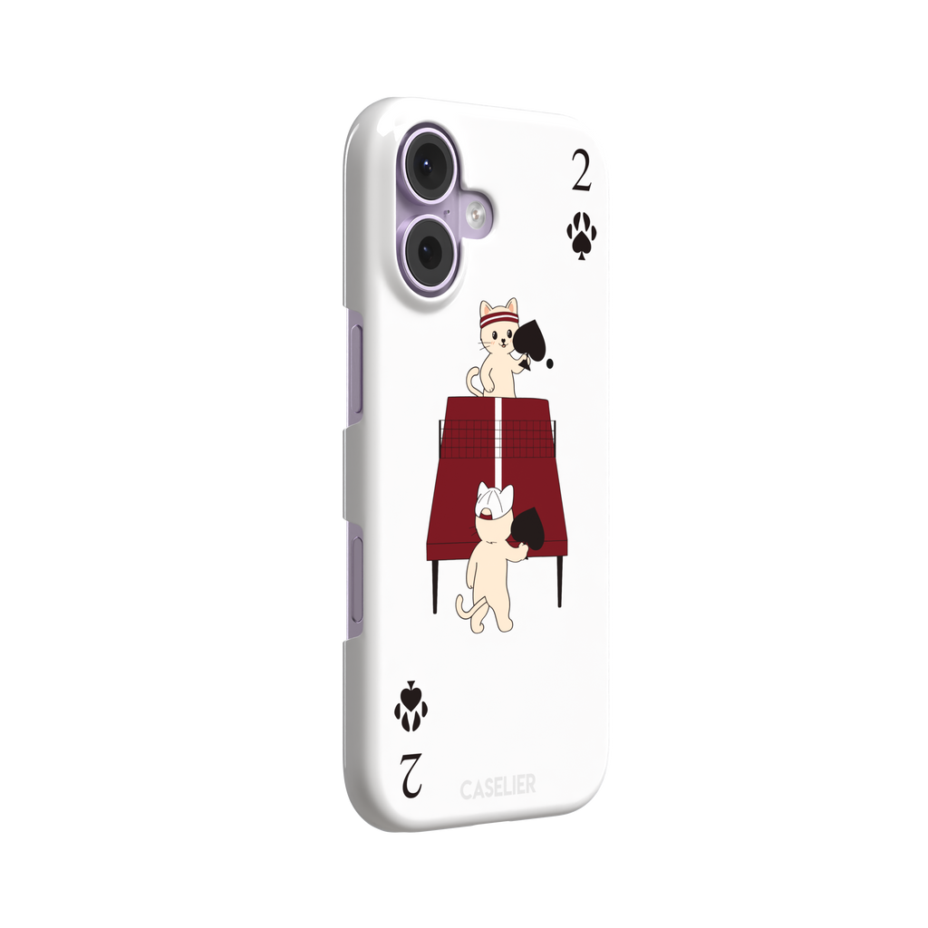 Two of Spades phone case in white from the Paw Decks collection, showing two cartoon cats playing ping pong with spade paddles across a red table, with paw print card markings, phone case by Caselier — snap case, left view