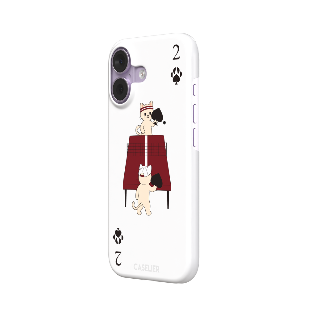 Two of Spades phone case in white from the Paw Decks collection, showing two cartoon cats playing ping pong with spade paddles across a red table, with paw print card markings, phone case by Caselier — snap case, right view