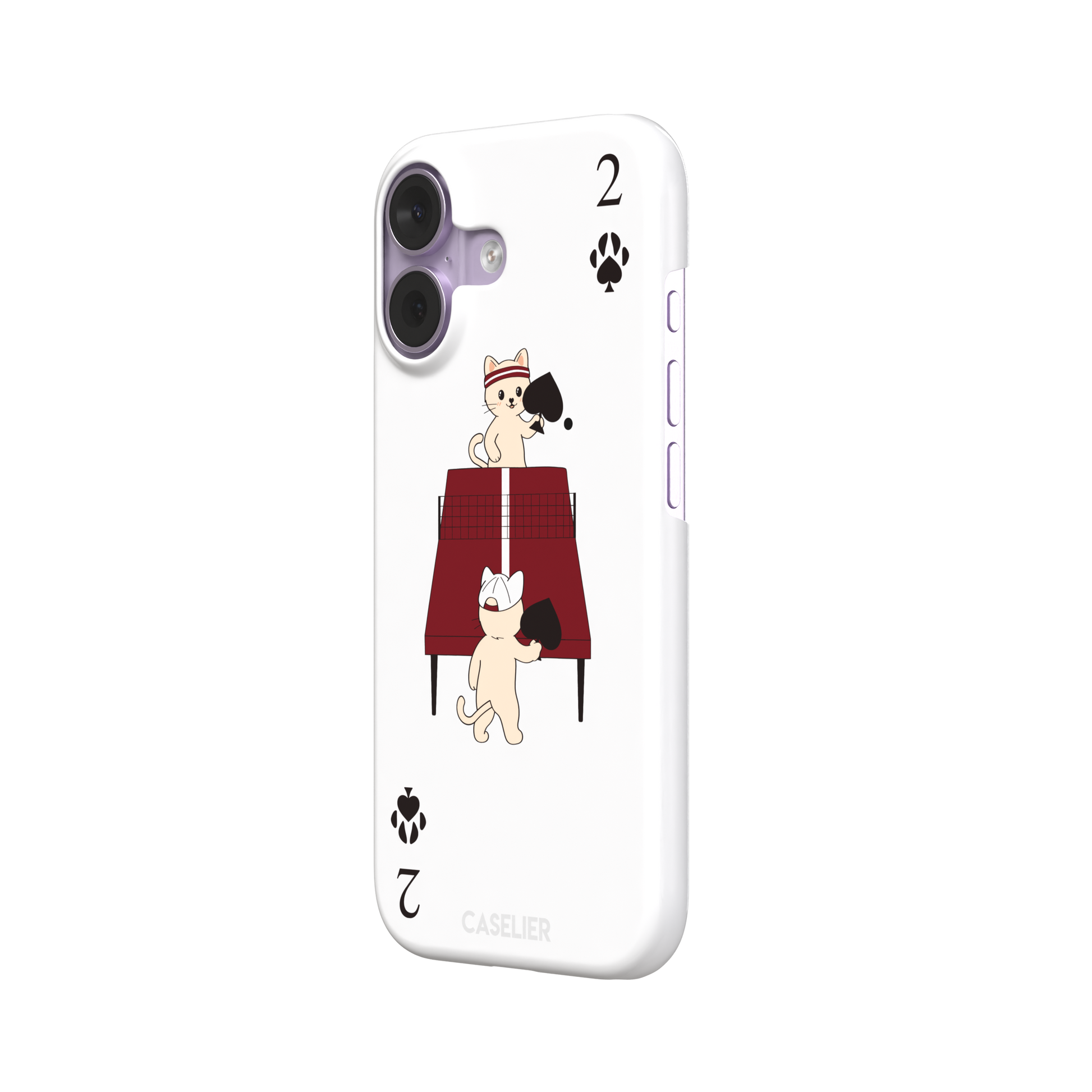 Two of Spades phone case in white from the Paw Decks collection, showing two cartoon cats playing ping pong with spade paddles across a red table, with paw print card markings, phone case by Caselier — snap case, right view
