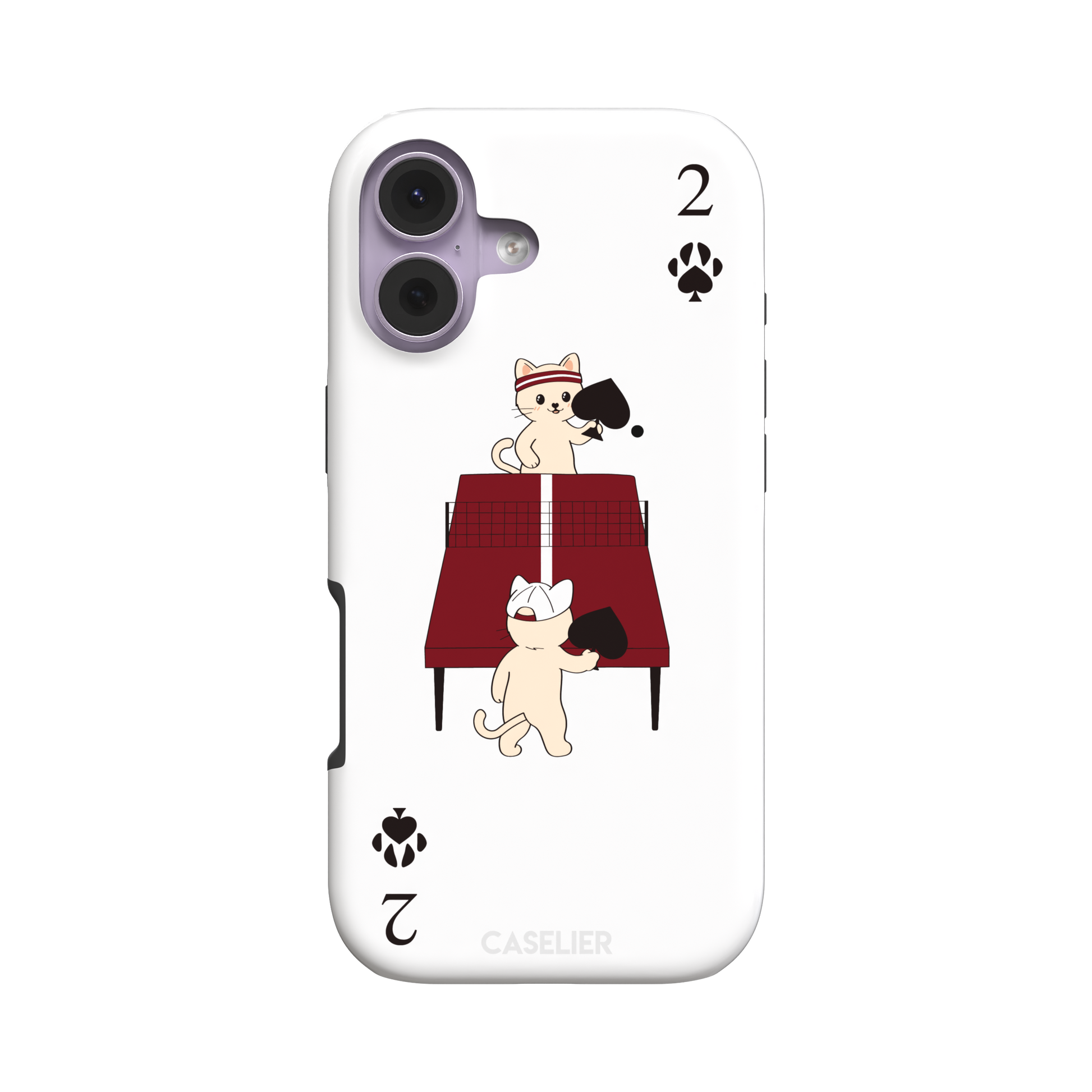 Two of Spades phone case in white from the Paw Decks collection, showing two cartoon cats playing ping pong with spade paddles across a red table, with paw print card markings, phone case by Caselier — tough case, front view