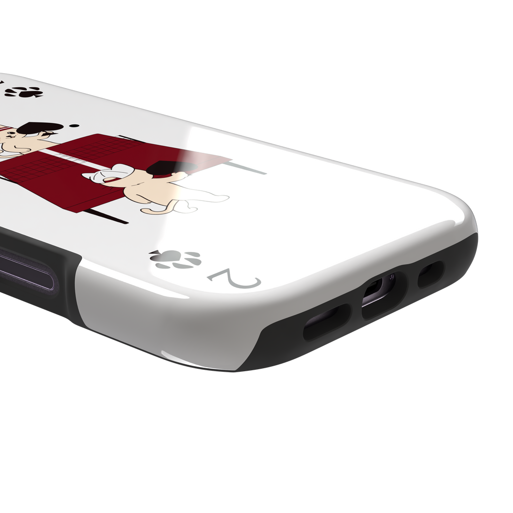 Two of Spades phone case in white from the Paw Decks collection, showing two cartoon cats playing ping pong with spade paddles across a red table, with paw print card markings, phone case by Caselier — tough case, charging port detail